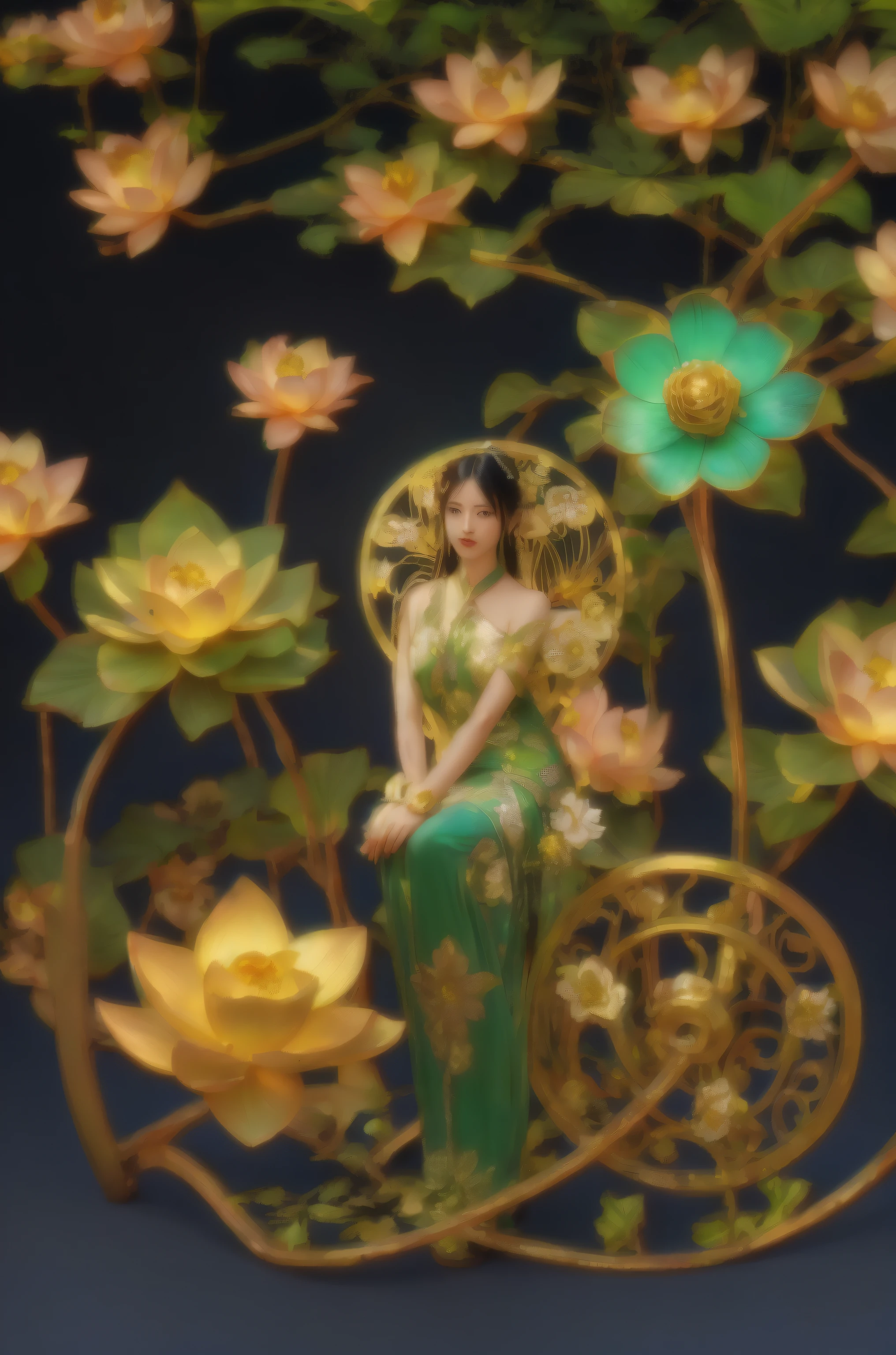 There is a metal flower tree，There is a beautiful flower on it，There are many leaves, Flowers and leaves of fantasy, ornate flowers, Alloy stranding process，3D amazing details, hyperrealistic art nouveau, Art Nouveau octane rendering, flowers with intricate details, beautiful detail and color, oriental art nouveau, exquisite floral details, cloisonne, gilded lotus princess, Minimalist Art Nouveau, lotus flower, 4K detail fantasy