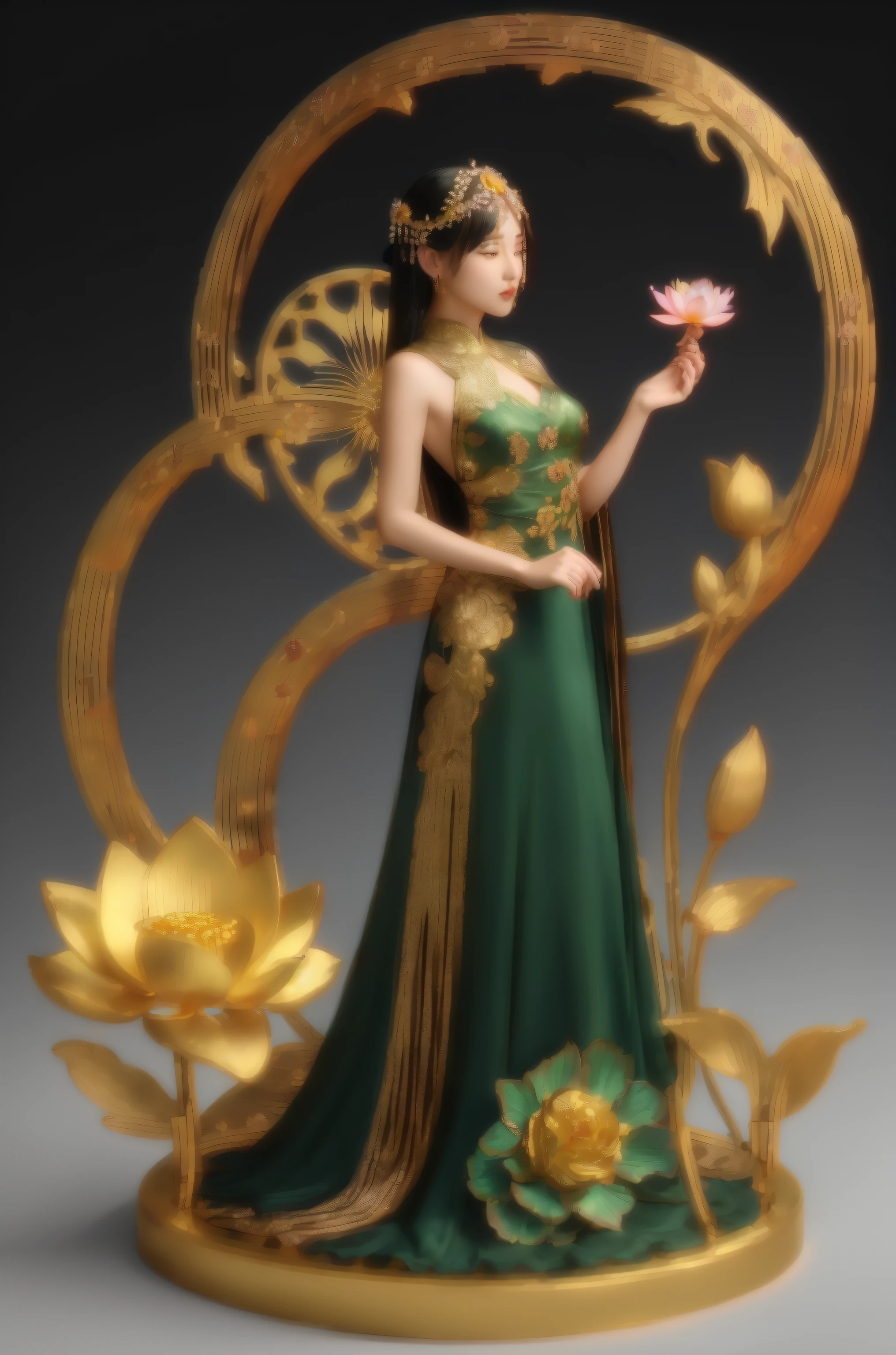 There is a metal flower tree，There is a beautiful flower on it，There are many leaves, Flowers and leaves of fantasy, ornate flowers, Alloy stranding process，3D amazing details, hyperrealistic art nouveau, Art Nouveau octane rendering, flowers with intricate details, beautiful detail and color, oriental art nouveau, exquisite floral details, cloisonne, gilded lotus princess, Minimalist Art Nouveau, lotus flower, 4K detail fantasy