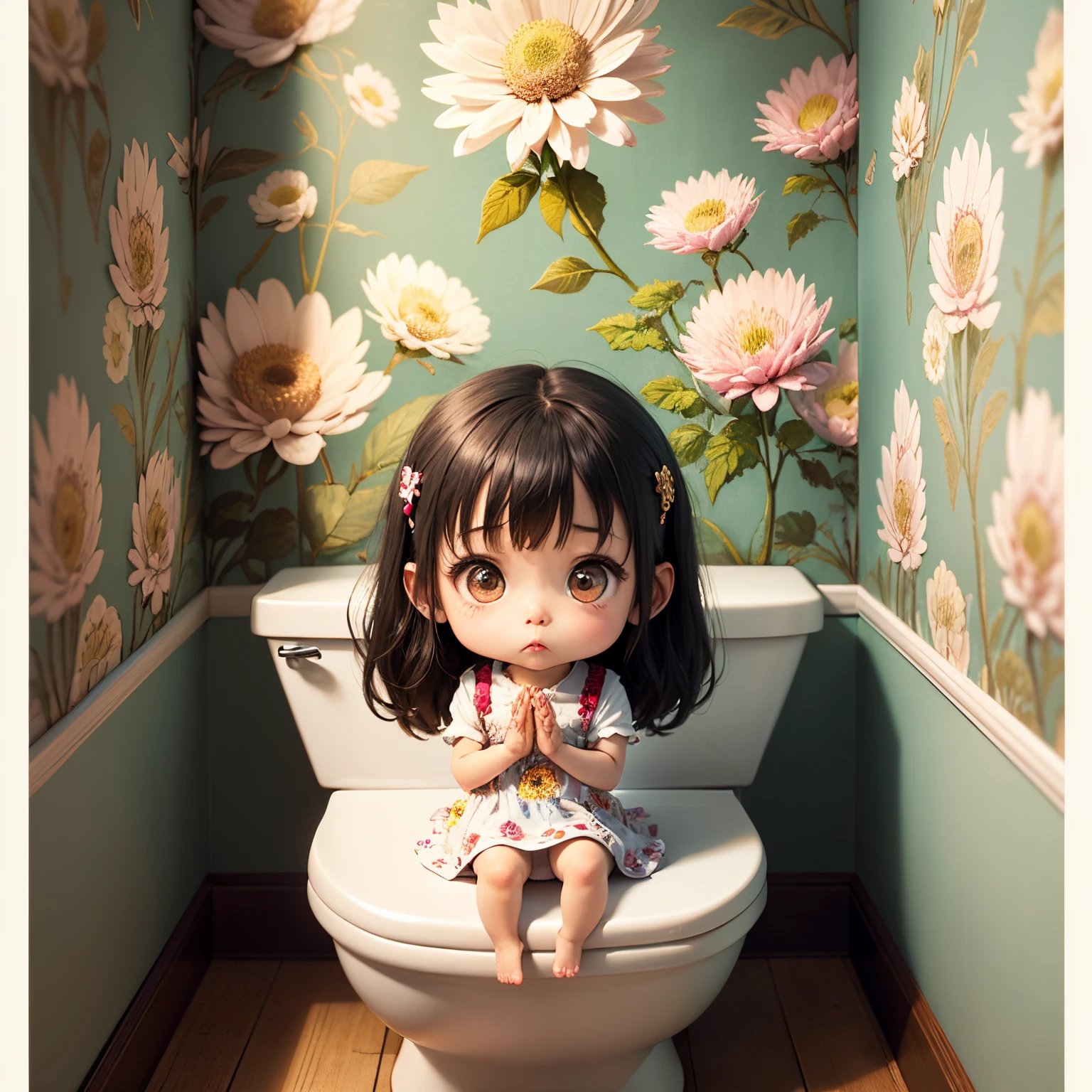 ​masterpiece、top-quality、ultra-detailliert、(Chibi Chara's Daughter:1.2)、Toilet room、sit on the chibi toilet、Prayer Hands、closing eye、The wallpaper is William Morris&#39;wild chrysanthemum wallpaper.