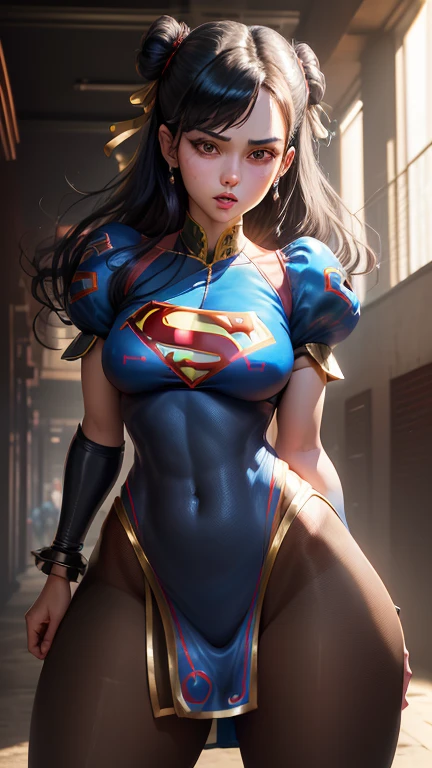 (best quality, master part, absurdos)), 1girl(Supergirl), (black hair) 20 anos, corpo definido, expressivos e olhos azuis, Seios enormes, nu, peito enorme, quadris largos, heroic sexy