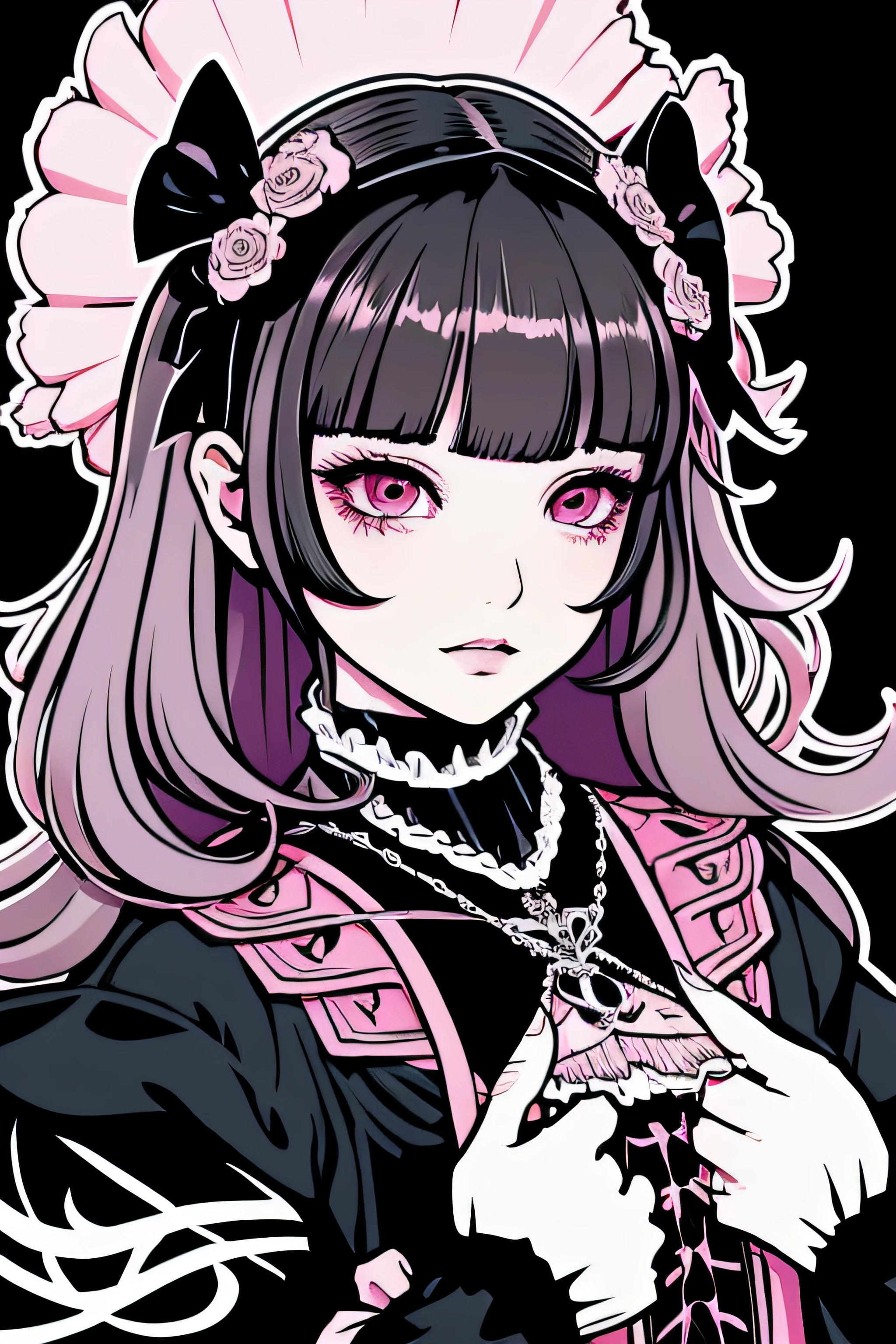 Beautiful Hardcore Illustration homepage illustration style, dark, high resolution, hard touch illustration, strong outline, two girls, gothic & lolita style, gothic & lolita fashion, 8k, American comic style, colorful background, Hiroyuki Nagasaka, aggressive, beautiful face, cool beauty, dress, beauty style, pink color, battle, Hard illustration, pink hear,