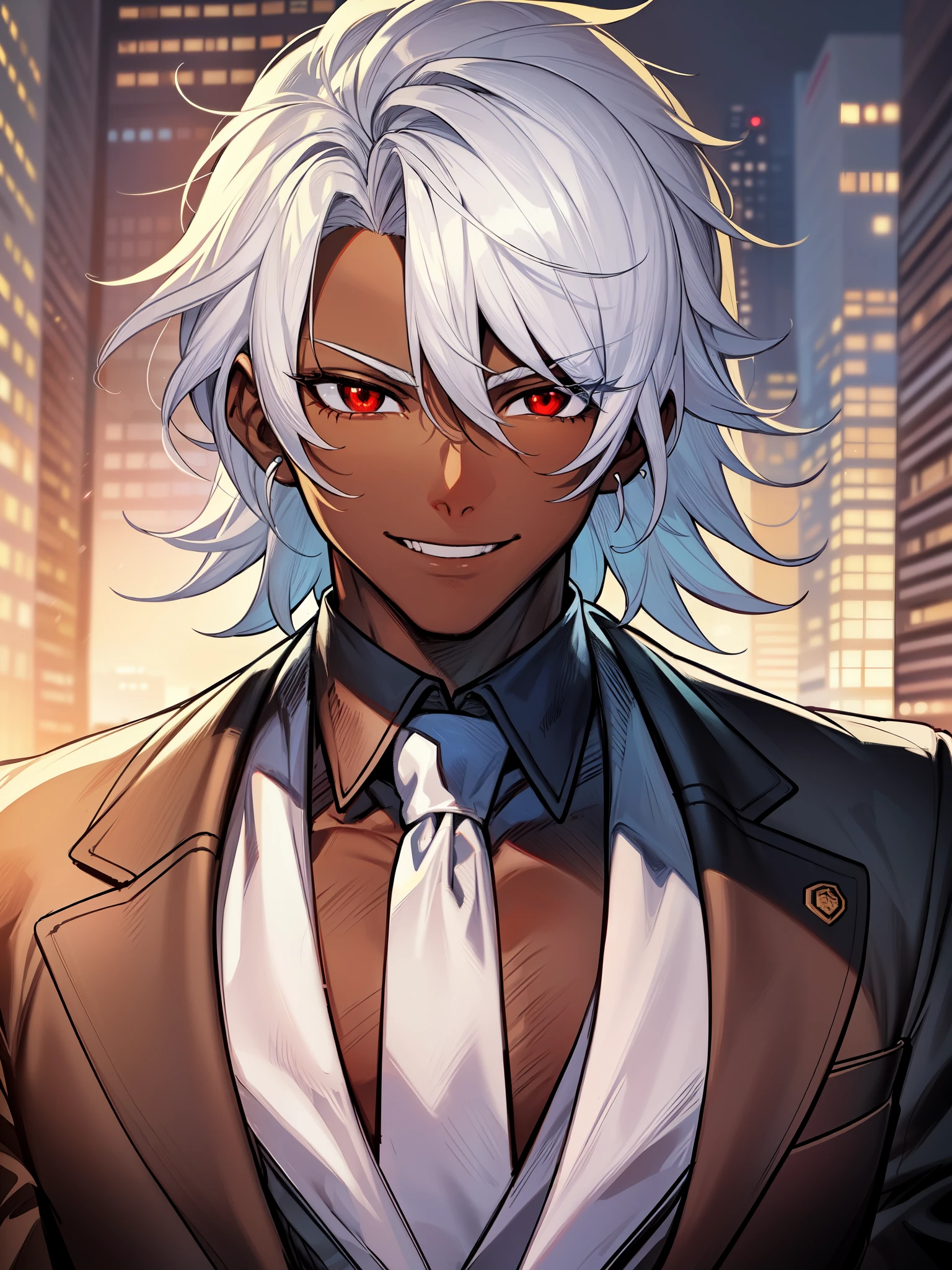 ((smiling)), ((dark skin)), ((corporate worker)), ((toned body)), ((business suit and tie)), ((cyberpunk)), ((mature male)), 1boy, beautifully drawn, high resolution illustration, best quality, High definition, ((detailed anime sketch)), Masterpiece, (solo), absurdres, portrait, ((upper body)), ((close-up)), ((cybernetics)), ((white hair)), ((short spiked hair)), detailed background, fine detail, male focus, HDR, ((red eyes)),