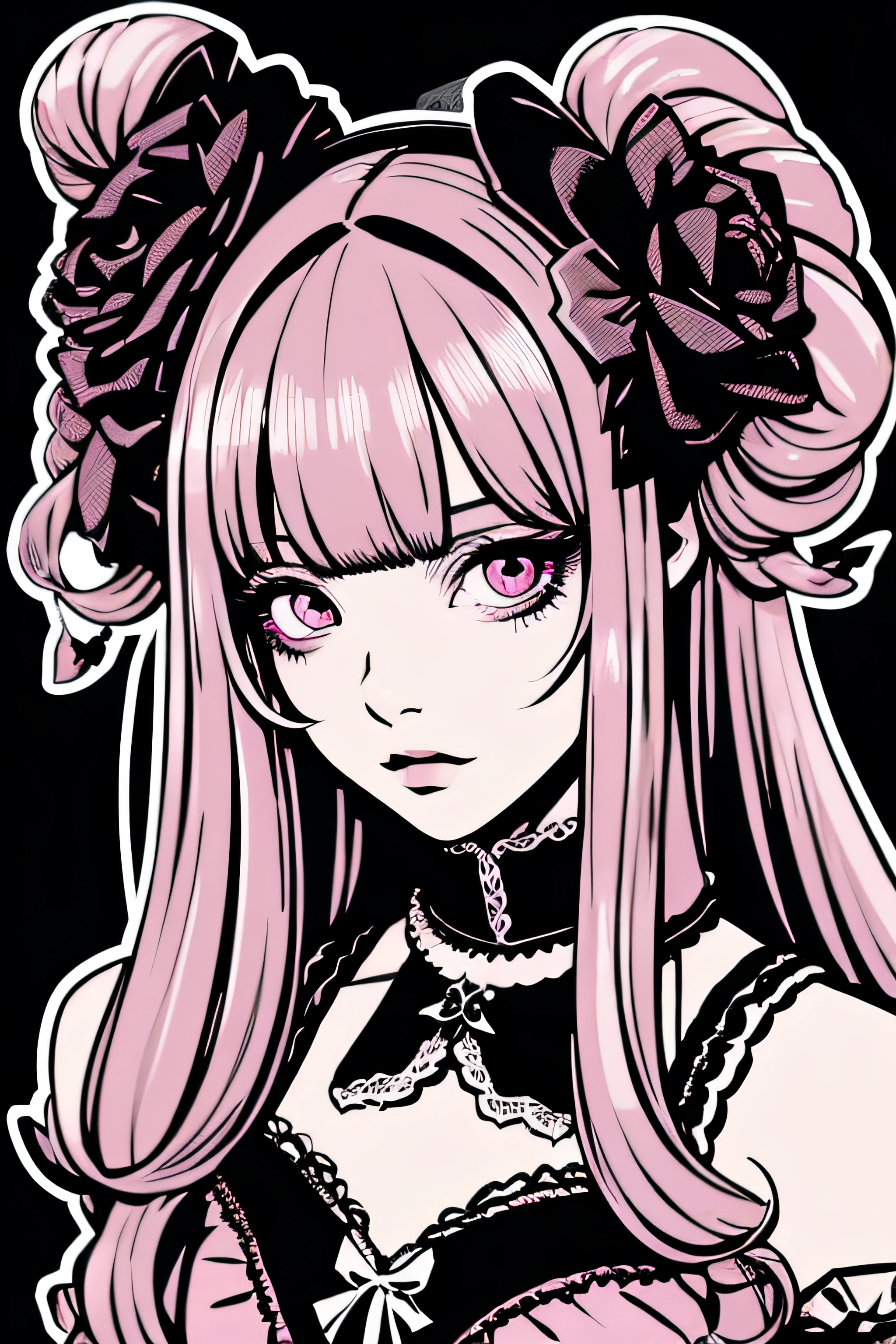 Beautiful Hardcore Illustration homepage illustration style, dark, high resolution, hard touch illustration, strong outline, two girls, gothic & lolita style, gothic & lolita fashion, 8k, American comic style, colorful background, Hiroyuki Nagasaka, aggressive, beautiful face, cool beauty, dress, beauty style, pink color, battle, Hard illustration, pink hear,