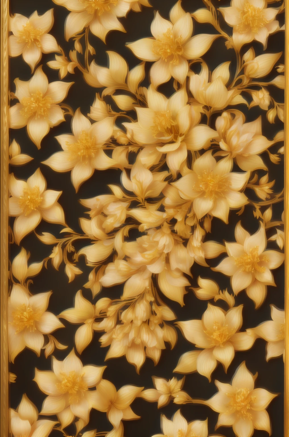 There is a honeysuckle tree，There are flowers on it, gold flowers, flowers and gold, Chaotic golden leaf flowers, intricate gold elements, Gilded gold and diamonds, luxurious ornate golden jewelry, blossom flower. baroque element, golden flowers, gold flowers, Gold jewelry filigree, golden background with flowers, gilded. florals, golden inlays, exquisitedetails