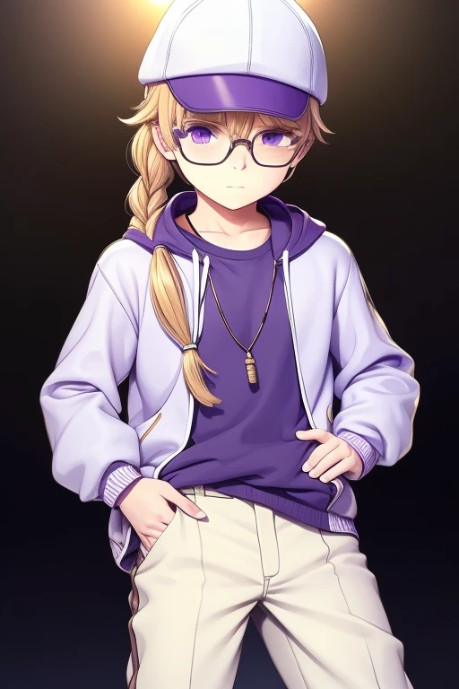 Boy with brown and blonde braided ponytail hair, with purple hat, sun glasses, White sweatshirt and brown pants with purple right eye and yellow left eye