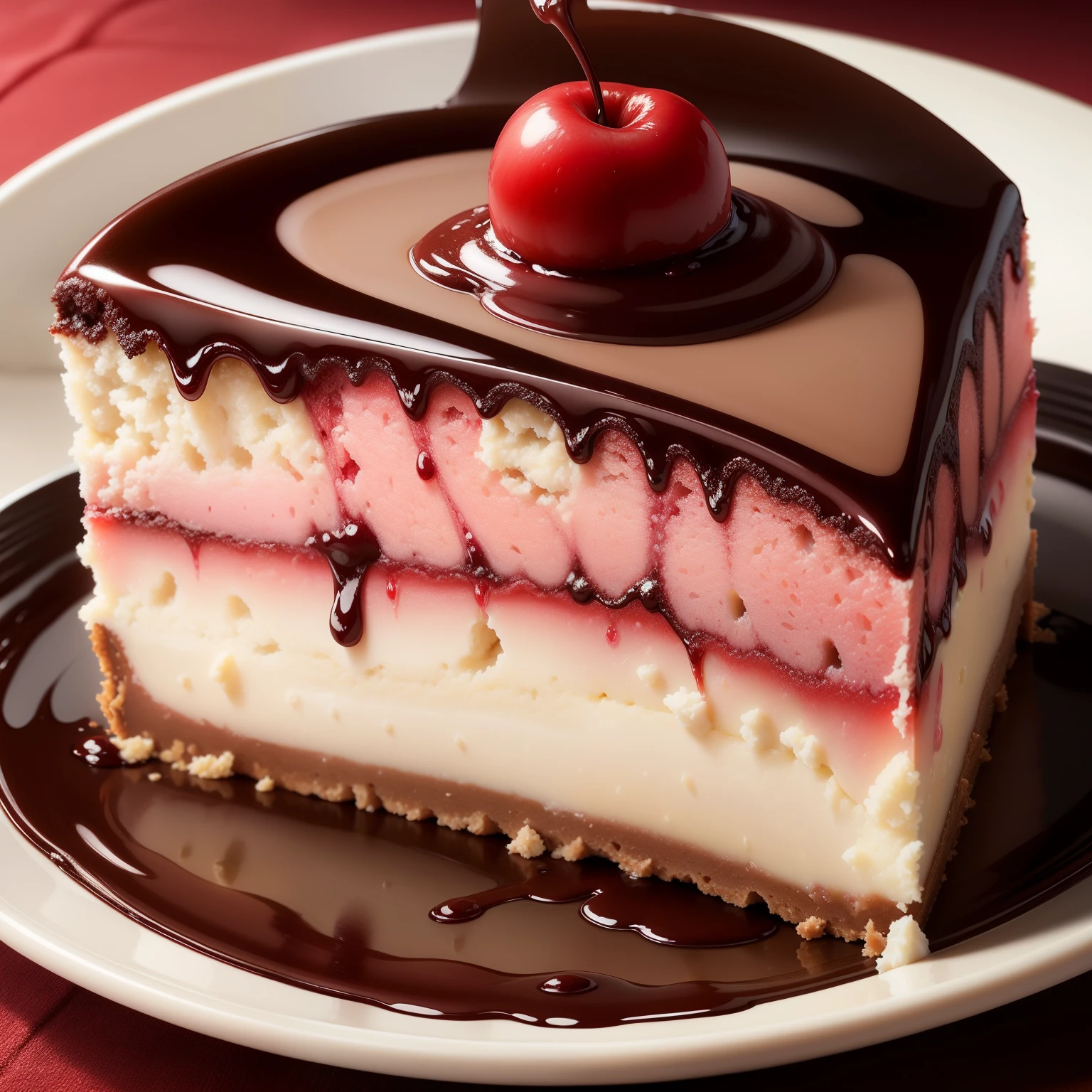 Appetizing slice of cherry cheesecake with chocolate, delicious, fragrant, detailed professional photography and light, close-up