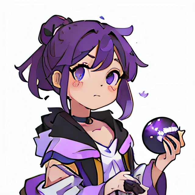 cute girl with magic ball on hand, purple hair, white background