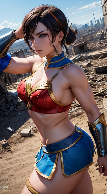Chun li como Wonder Woman, DC Quadrinhos, Extremamente realista,8K mais detalhado.Motor irreal:1.4,UHD,melhor qualidade:1.4, fotorrealista:1.4, textura da pele:1.4, obra prima:1.8,obra-prima, melhor qualidade,Objeto de objeto], (detailed face features:1.3),(manos Detalhado:1.4),(Apocalyptic Destroyed City Al:1.4) pose sexy