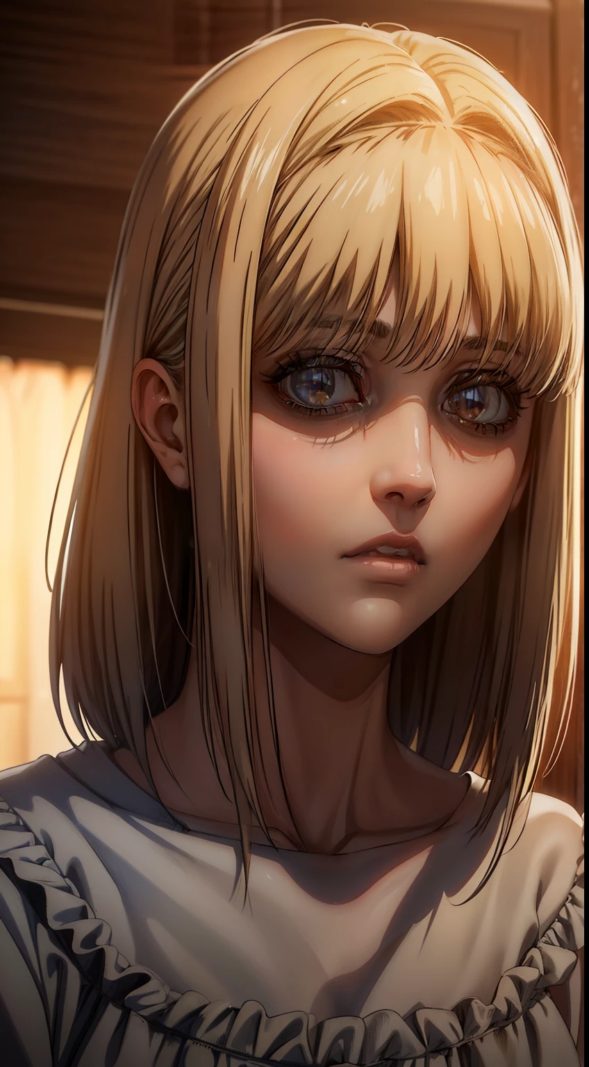 (best quality,4k,8k,highres,masterpiece:1.2),ultra-detailed,(realistic,photorealistic,photo-realistic:1.37),portraits,illustration,oil painting,beautiful detailed eyes,beautiful detailed lips,extremely detailed eyes and face,long eyelashes,shiny skin,smooth forehead,expressive eyebrows,dewy complexion,rosy cheeks,detailed hair strands,captivating smile,glistening eyes,masterful brushwork,classical artistry,vivid colors,warm color palette,stunning lighting and shadows,impeccable attention to detail,soulful expression,Ymir Fritz,Attack On Titan fan art,historical charm