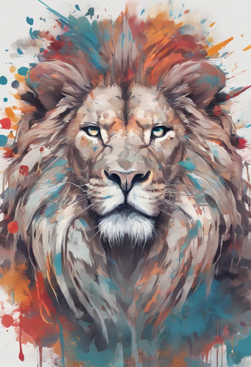 arte splash, a lion head, juba bem detalhada ((fundo branco)), olhos penetrantes, epic instagram, art-station, estilo splash de tinta colorida+, contorno, hiperdetalhado intricadamente detalhado, Motor irreal, genial, detalhes intrincados, tela inicial, cores complementares, conceito realista arte, 8K分辨率, obra-prima do deviantart, oil-painting, pinceladas pesadas, pingos de tinta, artes de salpicos