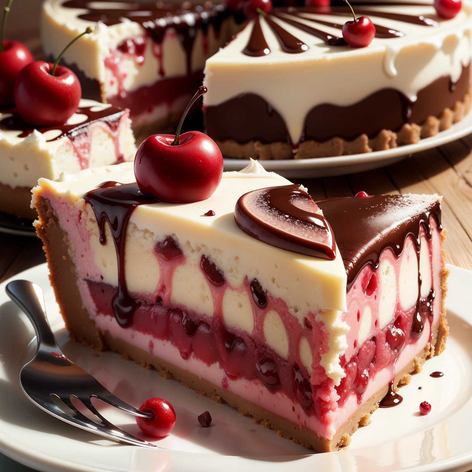 Appetizing slice of cherry cheesecake with chocolate, delicious, fragrant, detailed professional photography and light, close-up