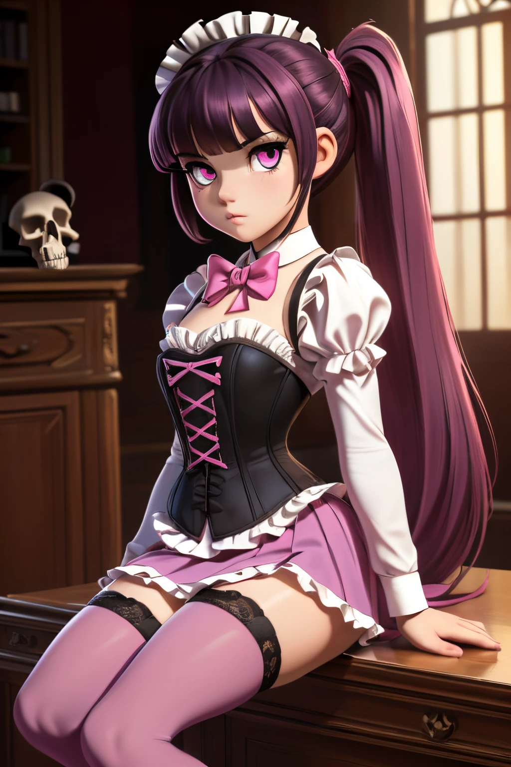 ((ultra quality)), ((tmasterpiece)), **** girl, ((pink long hair with curled ponytails on the sides, has bangs)), Beautiful cute face, beautiful female lips, charming beauty, ((stern expression)), is looking at the camera, slightly closed eyes, ((Skin color: white)), Body glare, ((detailed beautiful female eyes)), ((big pink eyes)), beautiful female hands, ((perfect female figure)), ideal female body shapes, Beautiful waist, nice feet, big thighs, Beautiful butt, ((Subtle and beautiful)), a large pink umbrella stands seductively in one hand, next to a large pink teddy bear Teddy, ((wearing a dark pink corset, purple-pink skirt with skulls on it, pink striped stockings on legs, on the head is a maid&#39;s cap with a skull pin, dark pink shoes on feet)) background: Victorian house, ((Depth of field)), ((high quality clear image)), ((crisp details)), ((higly detailed)), Realistic, Professional Photo Session, ((Clear Focus)), ((cartoon)), the anime, NSFW