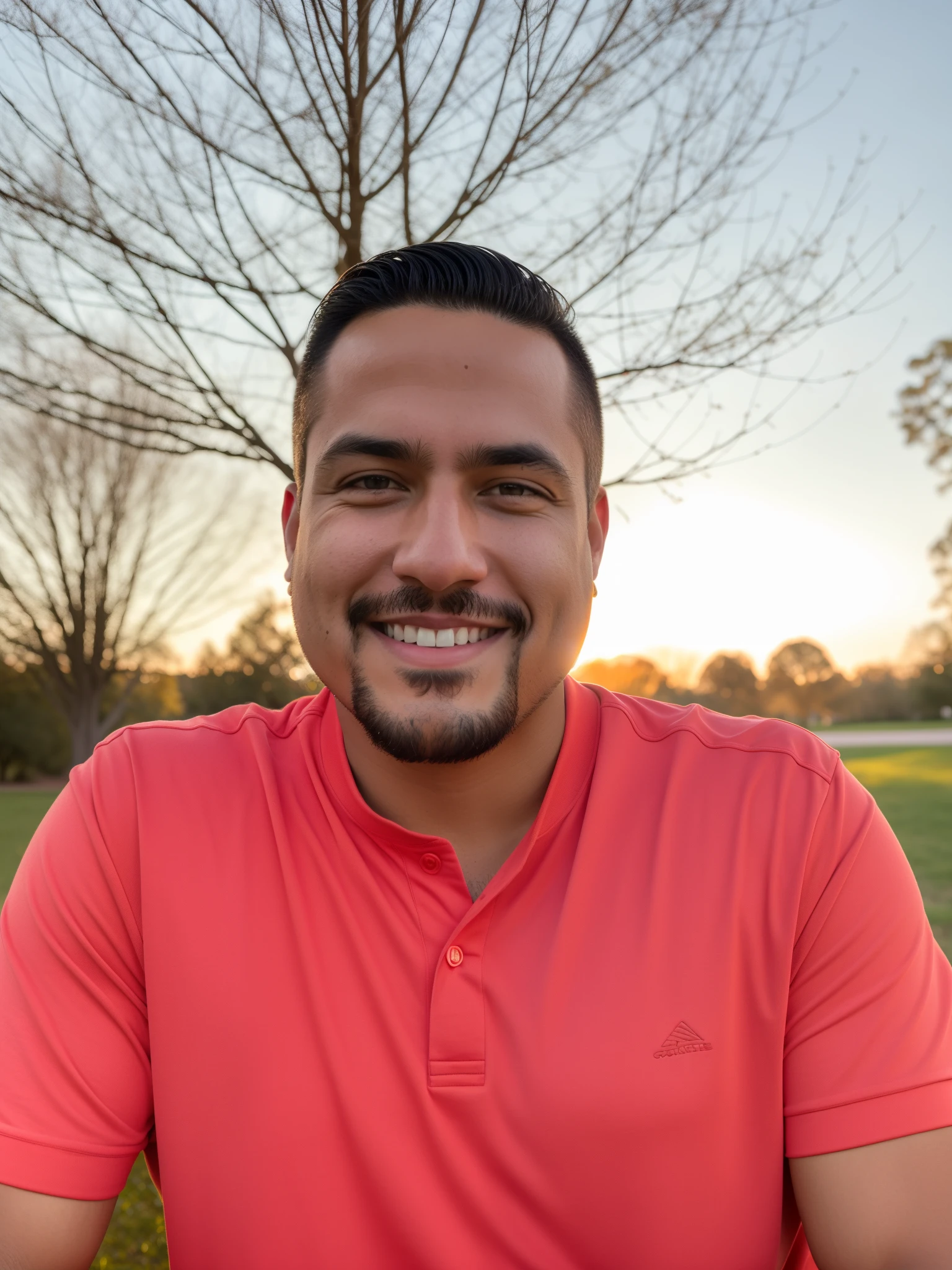 smiling man in red shirt sitting in a park with a tree in the background, alex flores, brian pulido, joel torres, greg rutkowsi, alex miranda, camilo gc, greg rukowski, paul heaston, christian orrillo, professional picture, greg rutwoski, taken at golden hour, greg rutkowski ”, greg rutkowki