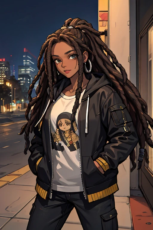 1garota,mulher negra, garota com dreadlocks, cidade noturna,chuva,casaco,Hands in pockets