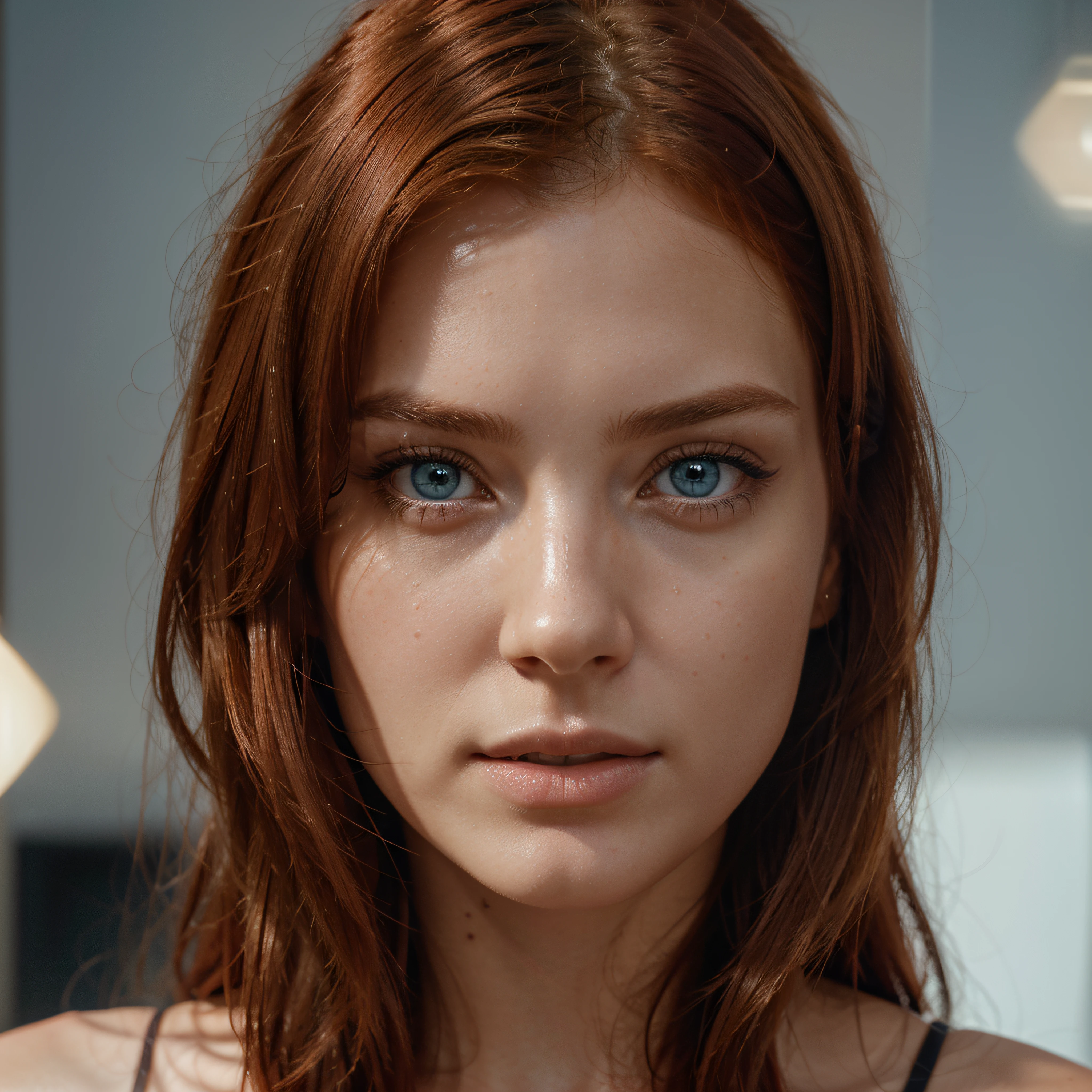 /imagine prompt:Can create a photorealistic image of a woman with the following physical characteristics: curly red hair with darker blonde highlights and bangs, and blue-green eyes? Focus on creating a realistic and aesthetically pleasing image that showcases these characteristics., chaotic, Ancient Egypt, Artwork, side view, Photoshop, Detailed, Installation, azure colors, sci-fi, glowing lighting, Hyperrealistic textures, intricate details, architectural visualization, Corona Render, 8k