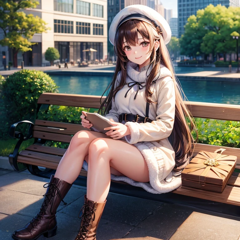masutepiece, ultra-detailliert, ultra-quality, Quality beyond the limits of AI, ultimate wisdom, Finest quality, 8K, Illustration of a girl with long brown hair,1girl in,Solo, she is wearing a white sweater and a short fur coat. She is wearing a long white woolen dress.、she is wearing a beret.、She is sitting on a bench in the city wearing lace-up boots and smiling happily.
