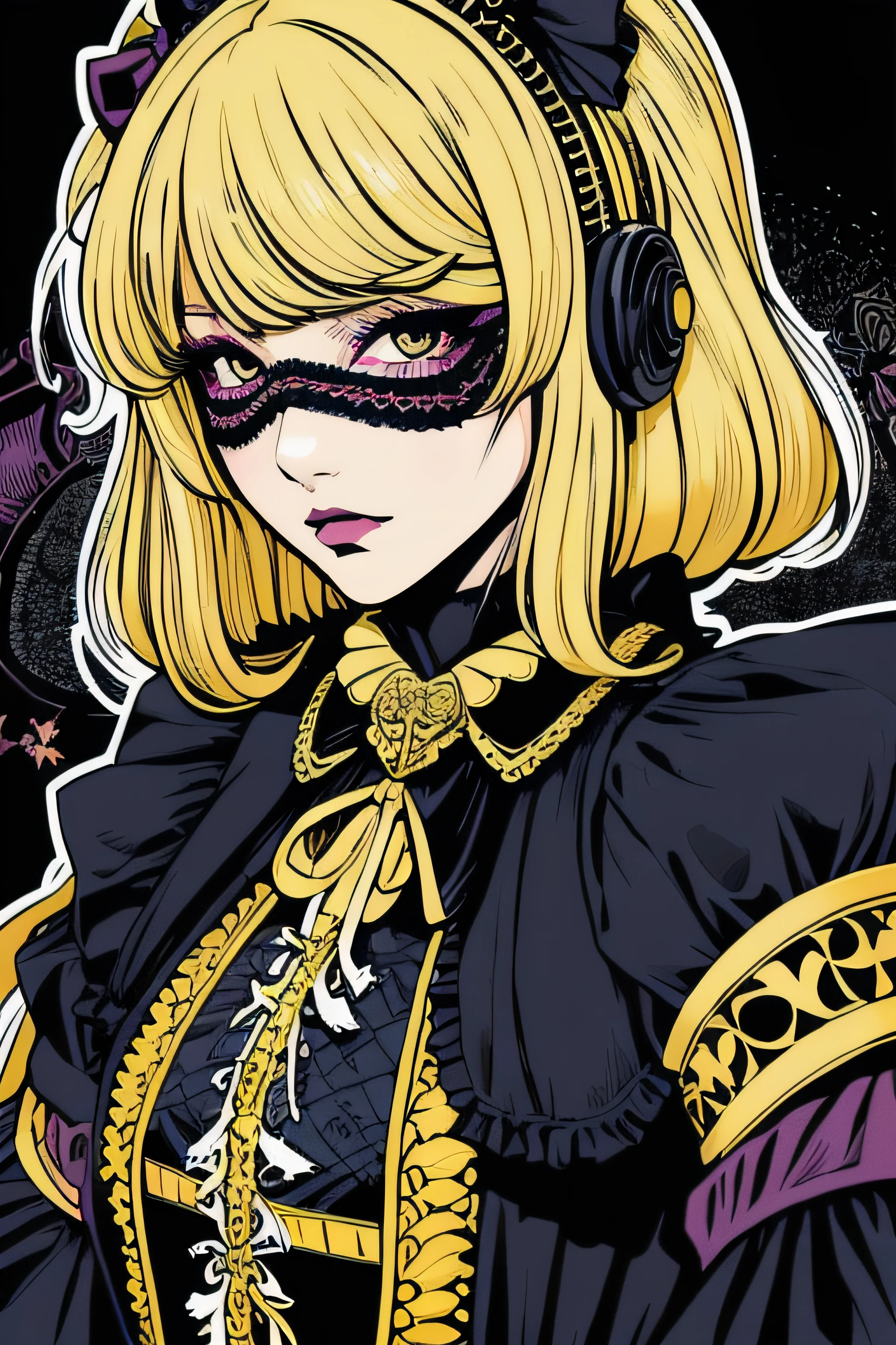 Beautiful Hardcore Illustration homepage illustration style, dark, high resolution, hard touch illustration, strong outline, two girls, gothic & ta style, gothic & loliashion, 8k, American comic style, colorful background, Hiroyuki Nagasaka, aggressive, beautiful face, cool beauty, dress, beauty style, yellow color, battle, Hard illustration, blond hear,