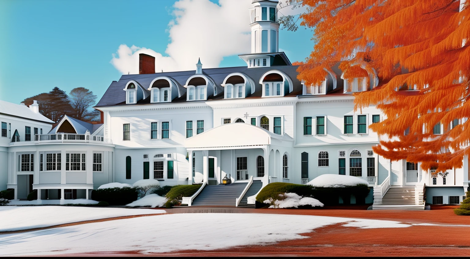 arafed white house with a steeple and a steeple on the top, new england architecture, college, tally hall, private school, ornate retreat, white building, clean and pristine design, stylized photo, haunted gothic hotel, arhitectural shot, delightful surroundings, colonial style, very ornate, eastman color, stylized, elegant and ornate