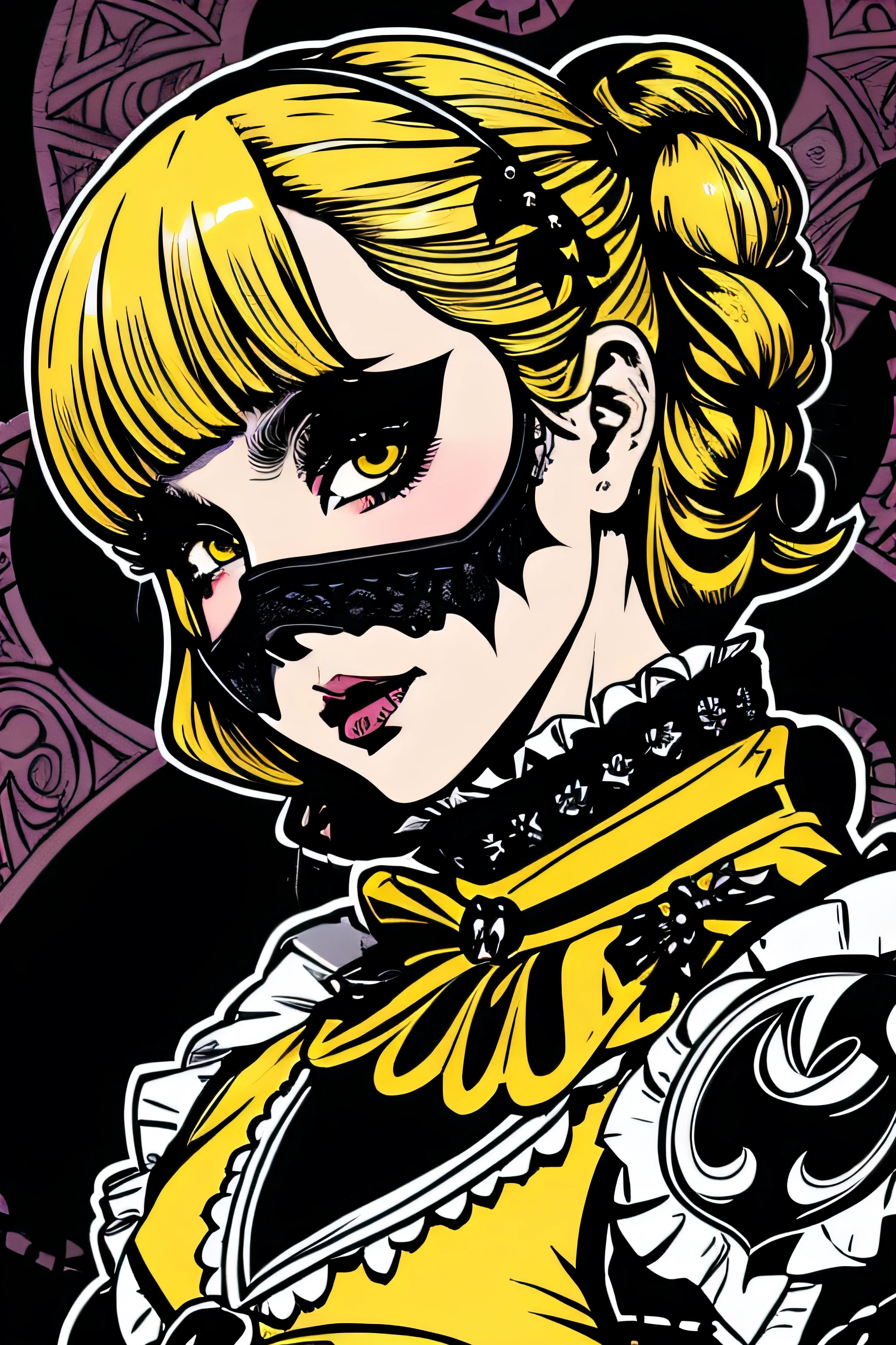 Beautiful Hardcore Illustration homepage illustration style, dark, high resolution, hard touch illustration, strong outline, two girls, gothic & ta style, gothic & loliashion, 8k, American comic style, colorful background, Hiroyuki Nagasaka, aggressive, beautiful face, cool beauty, dress, beauty style, yellow color, battle, Hard illustration, blond hear,