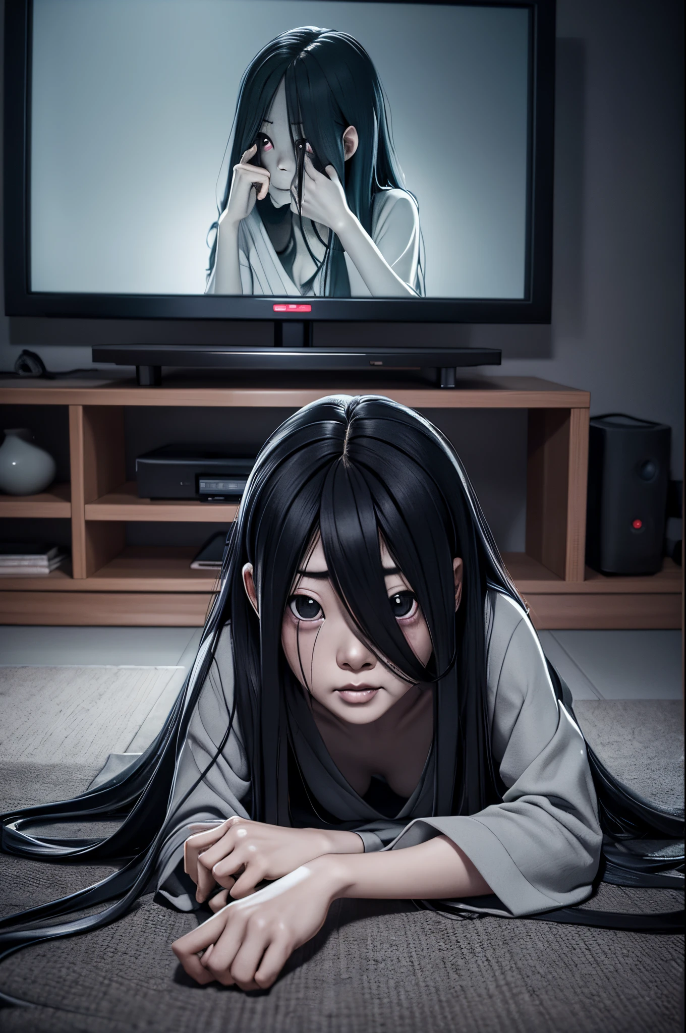 Sadako, soaking, wet robe, gray colored skin, Hair covers the face, sexy for.Sadako crawled out of the TV，A woman lying on the floor in front of the TV, japanese horror, style of hajime isayama, japanese horror movie footage, Junji Ito 4K, japanese pop surrealism