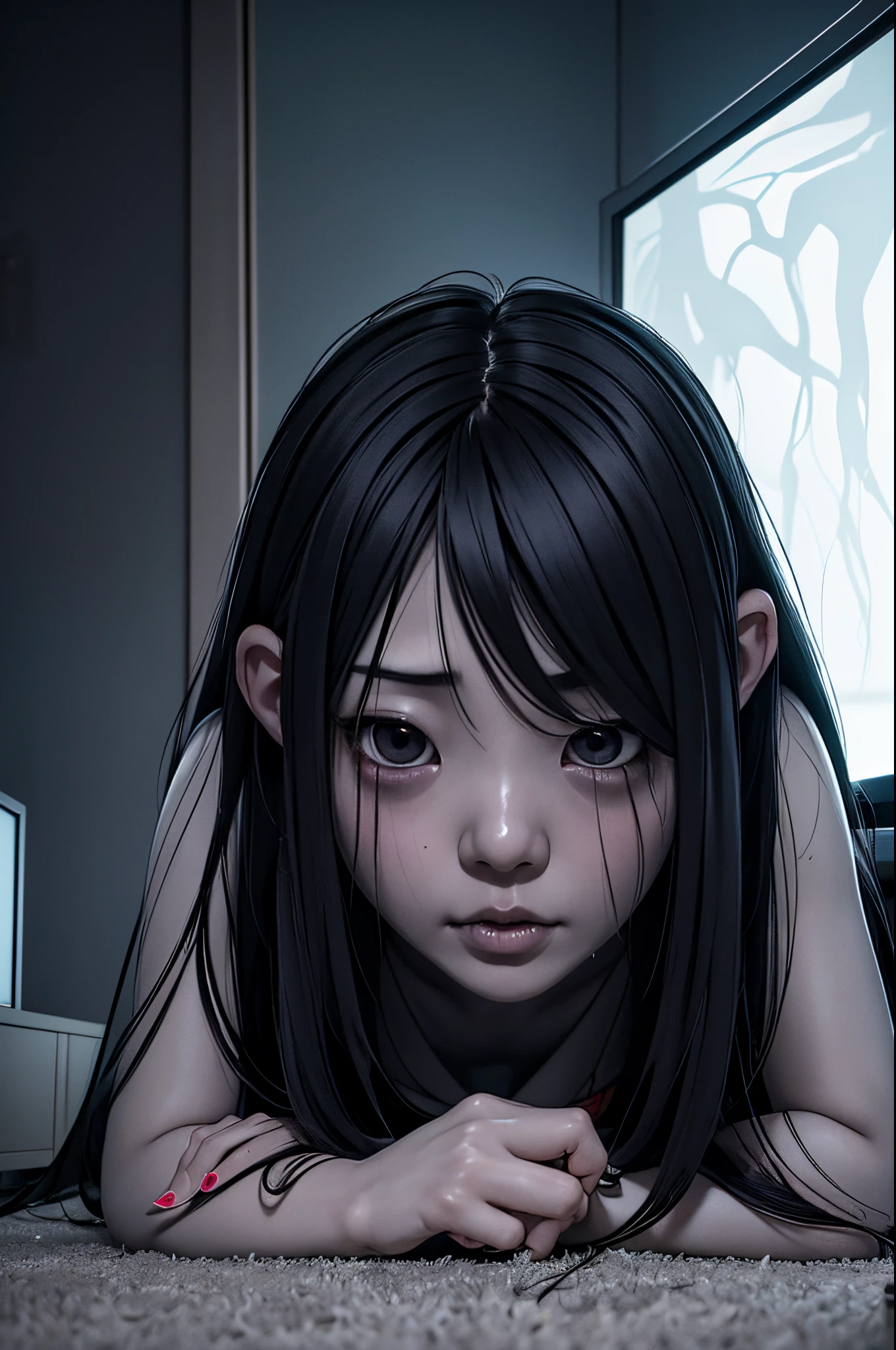 Sadako, soaking, wet robe, gray colored skin, Hair covers the face, sexy for.Sadako crawled out of the TV，A woman lying on the floor in front of the TV, japanese horror, style of hajime isayama, japanese horror movie footage, Junji Ito 4K, japanese pop surrealism