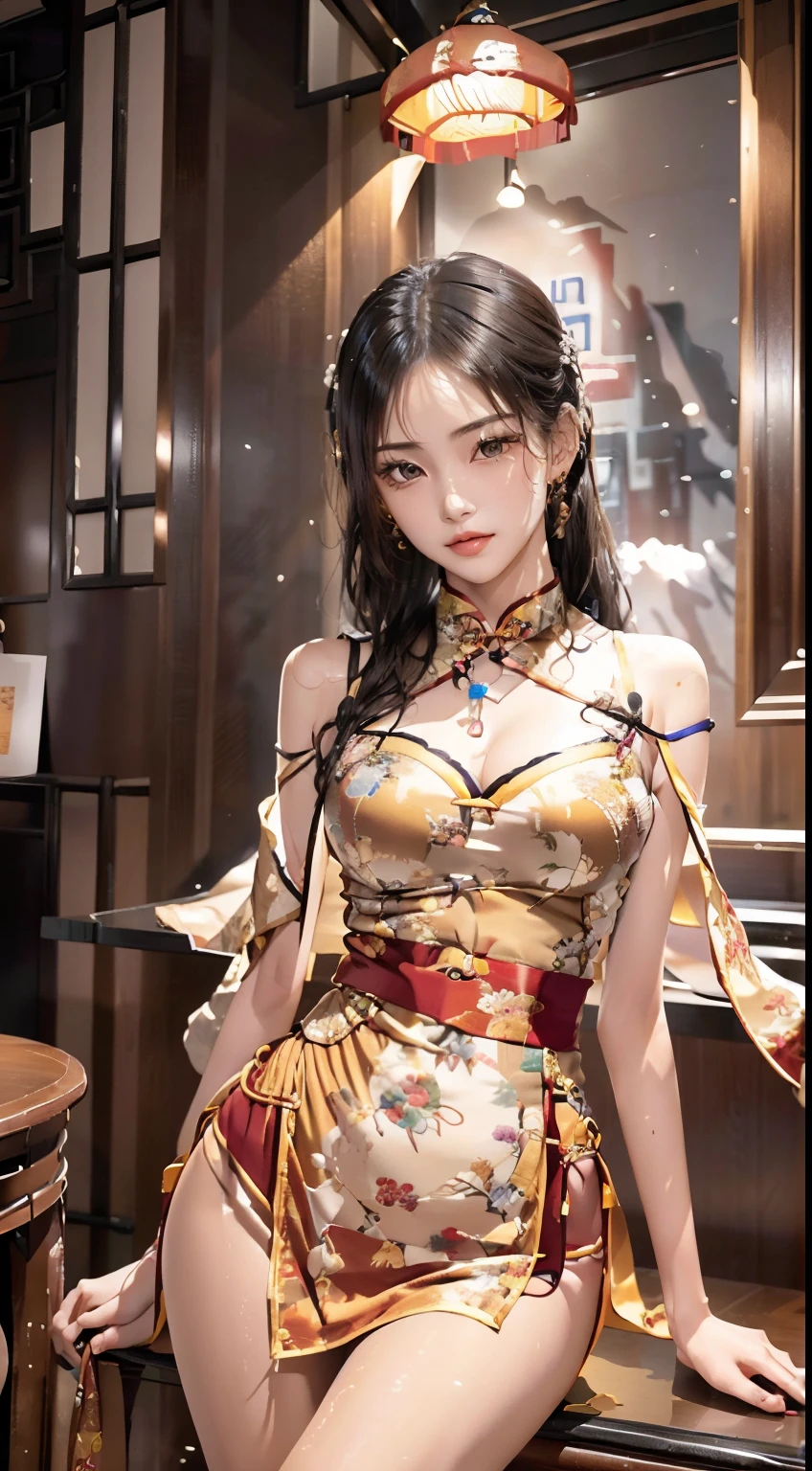 ((Upper part of the body)), ((Go down the mountain)), ((realist)), 2 Asian female models, Two young girls, (deactivate), (in a pub, Sit Pose, Leaning against the bar), looks though the windows, Pleasant posture, Striking pose, detailed scene, curlies, fork, beautiful hair ornaments, Brownish-yellow hair, light make-up, blush blush, shiny lip, pretty legs, cropped shoulders((On the cheongsam, shawl, high-waist)), ((illuminate warmly, warm color palette)), (Extremely high color saturation), Detailed details, ultra - detailed, (tmasterpiece, Best quality), (An extremely delicate and beautiful work), elaborate earrings, delicatenecklace, simple blurr background, Extremely detailed description, Ultra-thin paint, delicated face, slim toned body, Full body like，Bigchest，Slimming the waist, (high and cold, Goddess of high cold, Cool), (Anatomical correct)