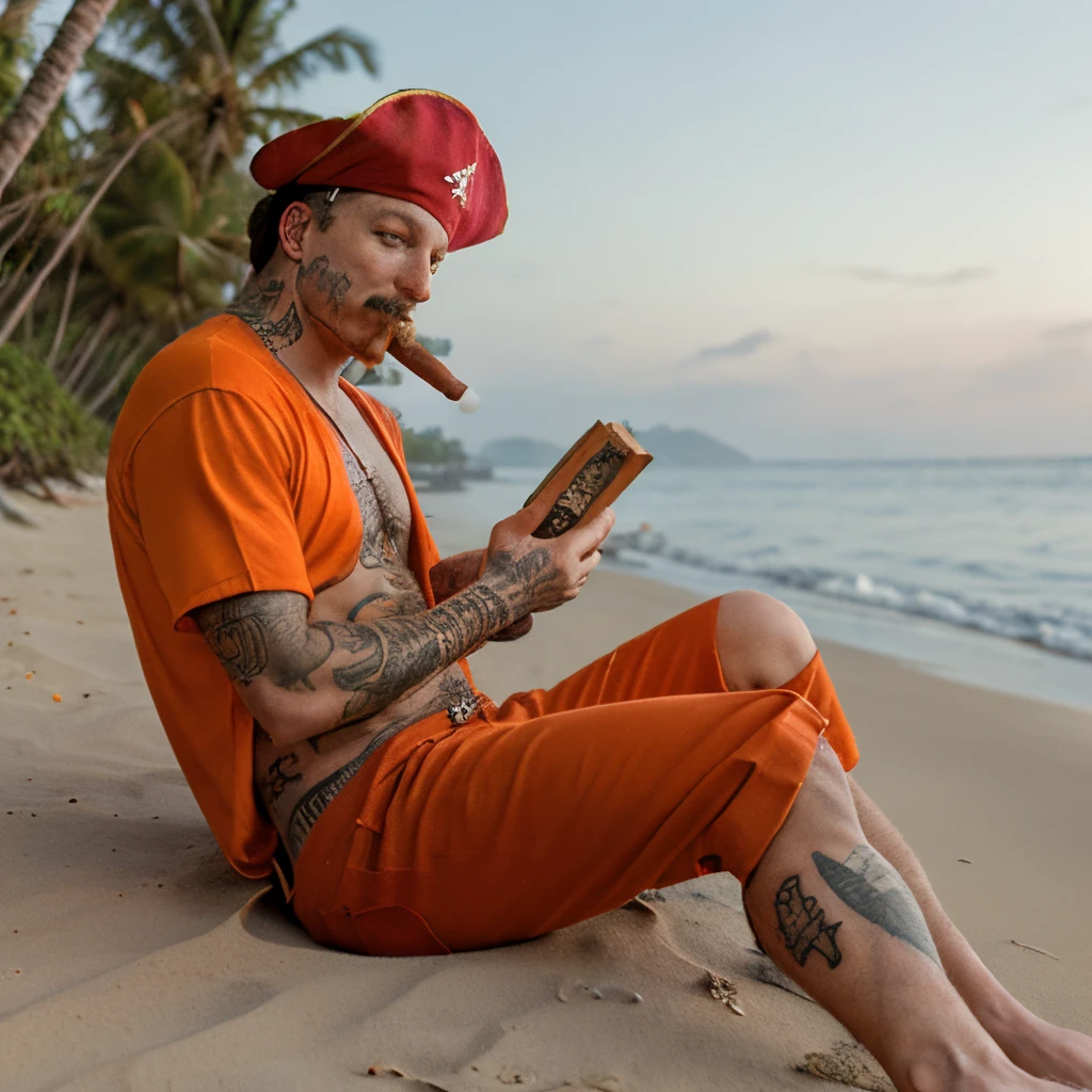A pirate read the bible, smoking a cigar, orange clothes, cross tattoo on arm, sitting on a beach