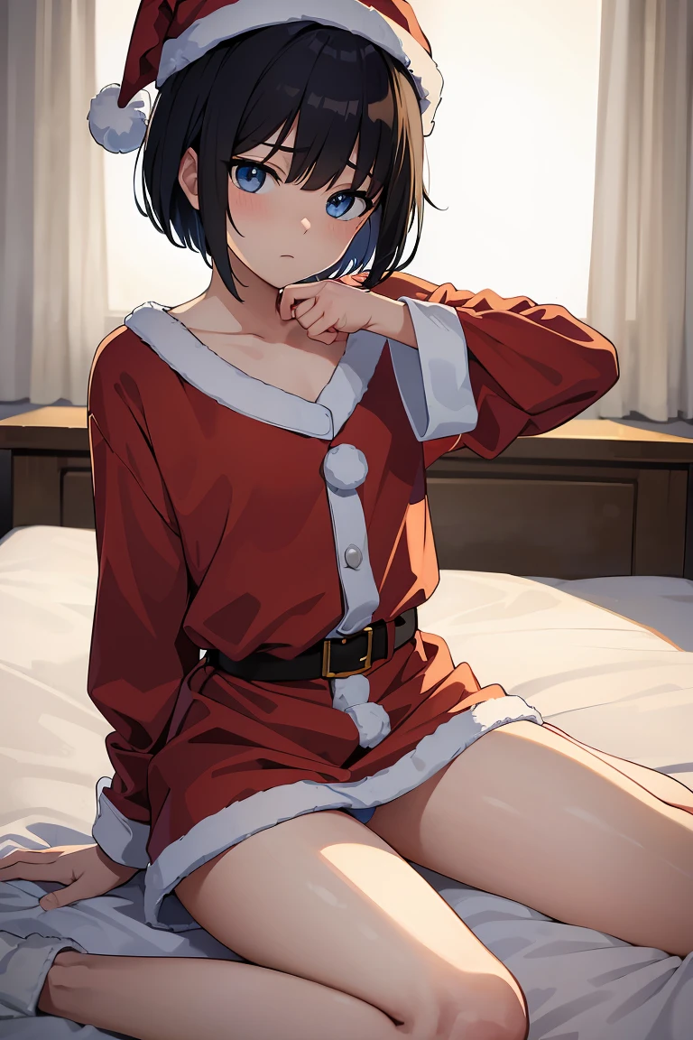 masterpiece:1.2, best quality, ((ultra detailed)), high resolution, 2d, anime style , photo, photography, detailed background, (1boy,otoko no ko, feminine),cute face,short hair,bob cut,(black hair),flat chest,
BREAK
solo,(droopy eyes:1.3),,((blue eyes;1.2 )), beautiful thighs,embarrassed,sitting,wariza
BREAK
bedroom,Santa Claus, santa costume,thighs,santa hat,
BREAK
pastel colors:1.4, solid paint:1.2, saturated color, contour