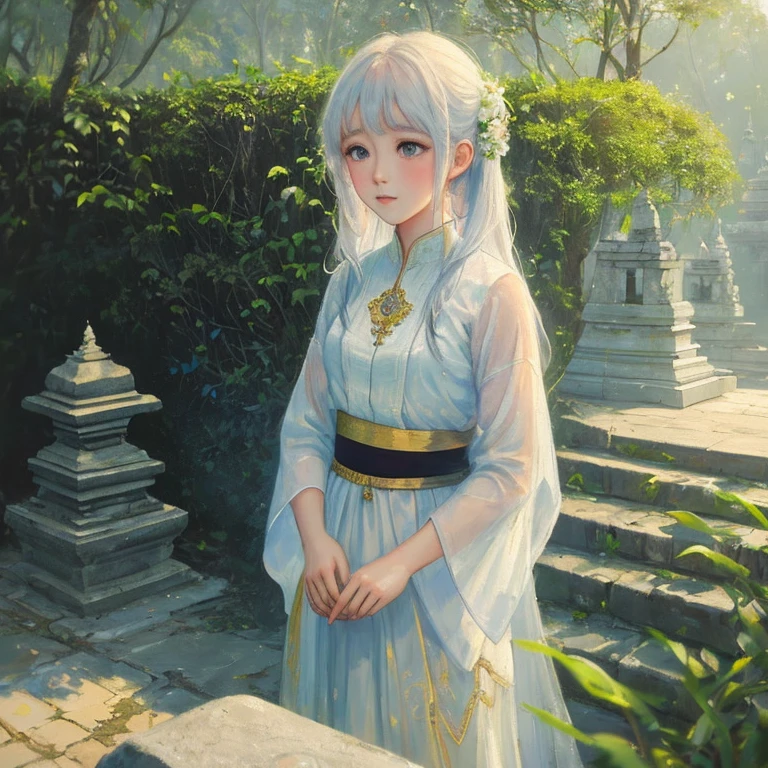 (incomplete painting), white background, oil painting with A woman alone is praying in a Hindu temple in the middle of the forest wearing a white Balinese kebaya, cinematic wide lens atmosphere, from above, landscape, baligapura gate, stone statue, wall stone, village, stone stairs,detailed, ornament, bali, , abstract background, impressionistic style, (impressionism:1.1) soft pastels, tetradic colors, upper body shot, zoomed, emotionally evocative, expansive strokes, atmospheric, dynamic, dramatic, best quality, best resolution landsacape