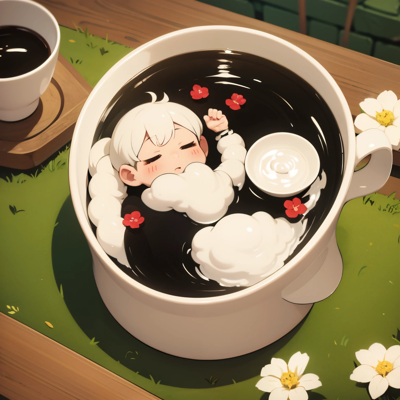 masterpiece、8cm tall dwarf、Hakumei、Chibi,Cute、Using a teacup as a bathtub、bath