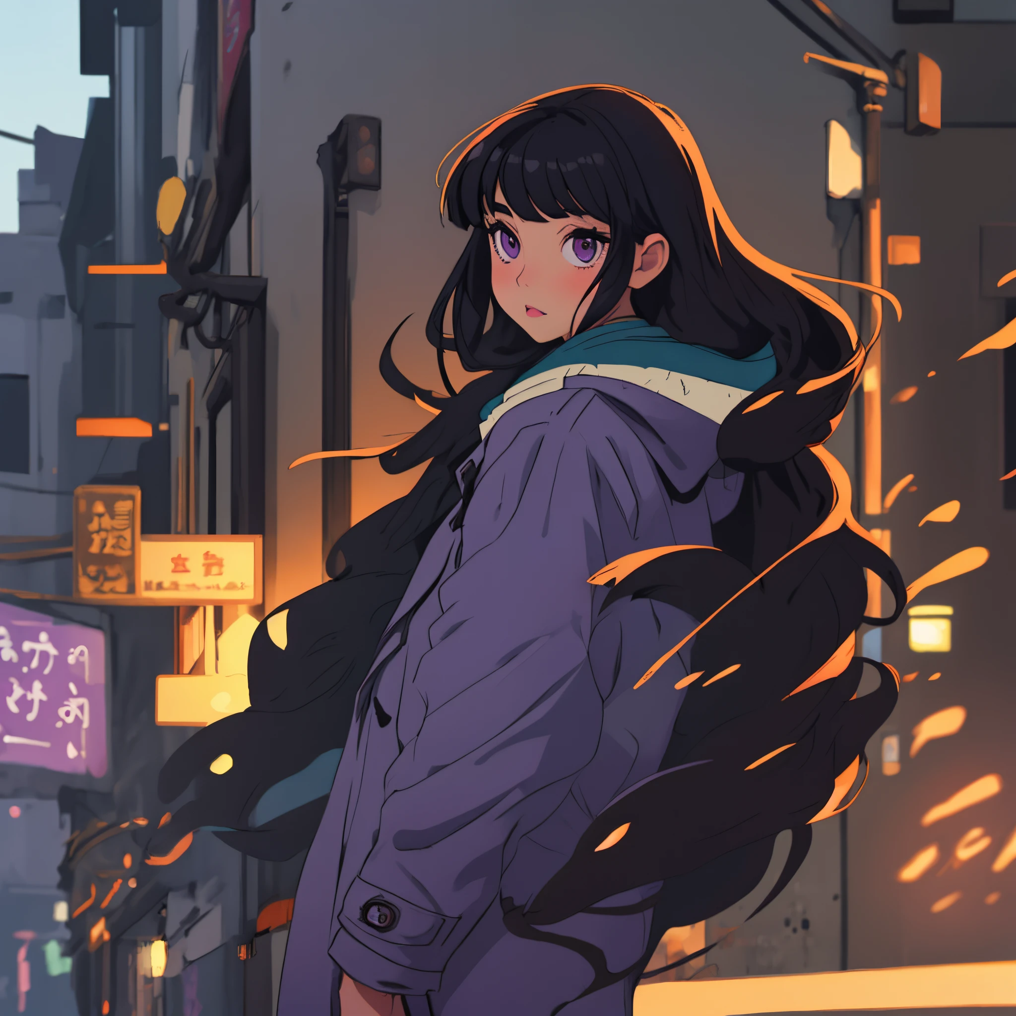 Purple black hair bangs Sanpaku eyes beautiful woman illustration thick coat suit long hair