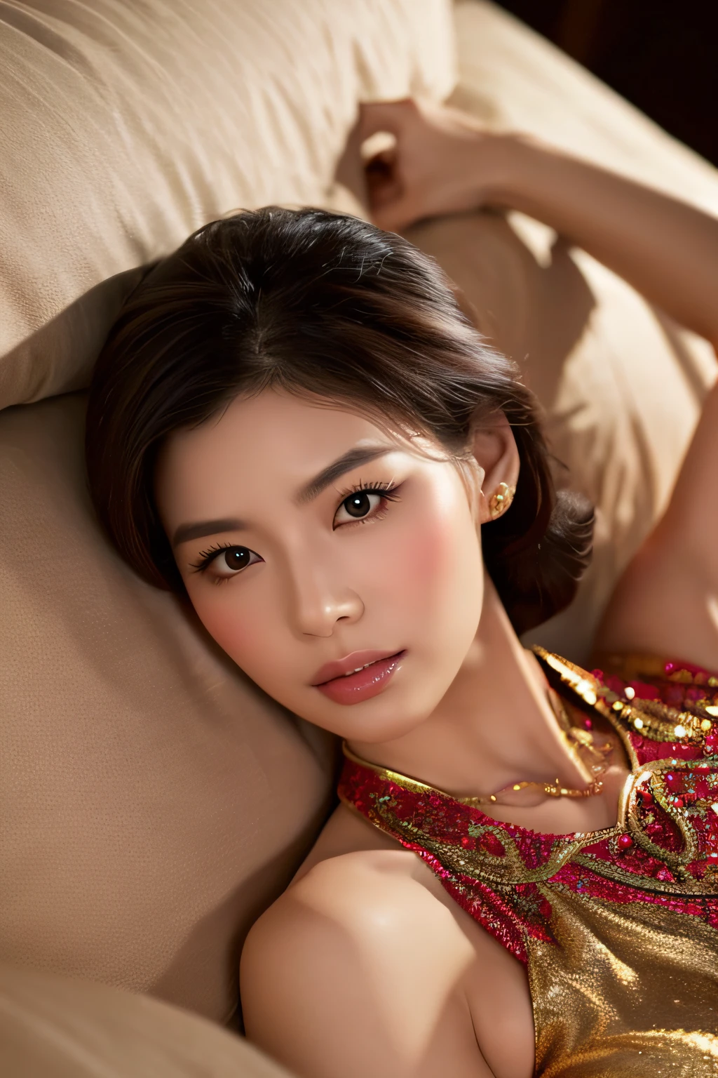 Asian woman in her early 50s lying on the bed wearing a red and gold Chinese dress, goddess of Japan, Very beautiful face,face perfect,(A detailed eye,real looking skin,Detailed skin,lipgloss),ighly detailed, gorgeous chinese model, ig model | ArtGerm, Seductive Girl, ross tran 8 k, Trending on CGSTATION, beautiful alluring female, like artgerm, by Oliver Sin, :: rossdraws, wojtek fus