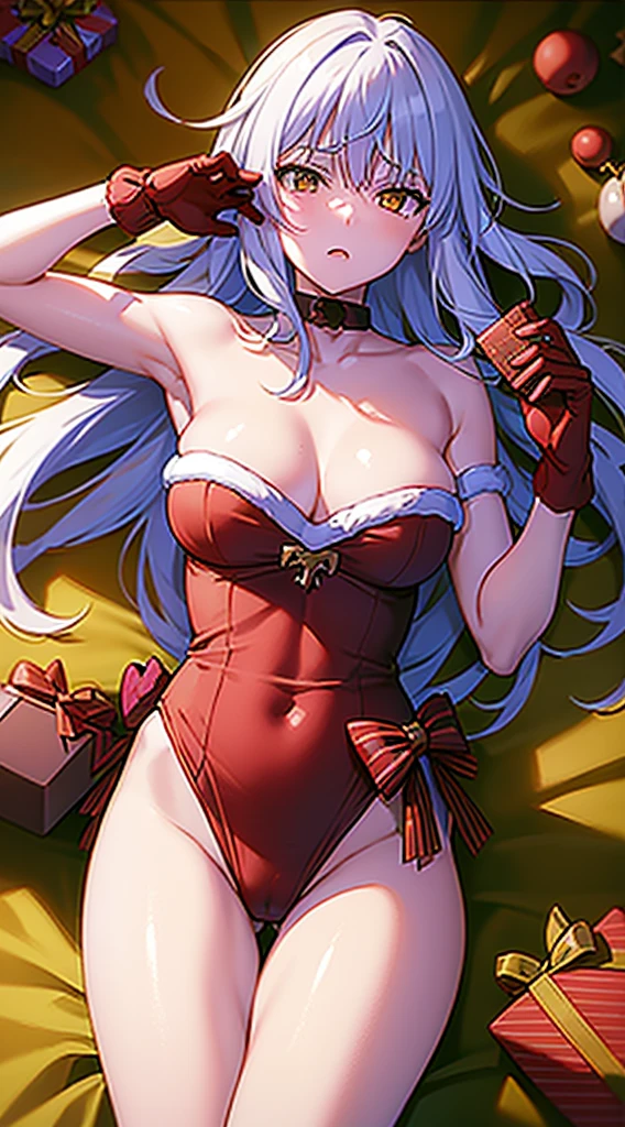 masterpiece, best quality, 1 solo girl, white hair, yellow eyes, short hair, wavy hair, Christmas ornaments, medium breasts, mature body and face, red christmas dress, christmas, christmas light, christmas tree, red gloves, red santa skirt, holding gift, red bra, red panty, leg up, cowboy shots, sexy pose, dakimakura, detailed body, face, and eyes, sharp focus, vibrant, creative, dynamic, high definition, high resolution, 8k, (Upscale: R-ESRGAN 4x+ Anime6B), (Image enchance:4x), voluptuous body