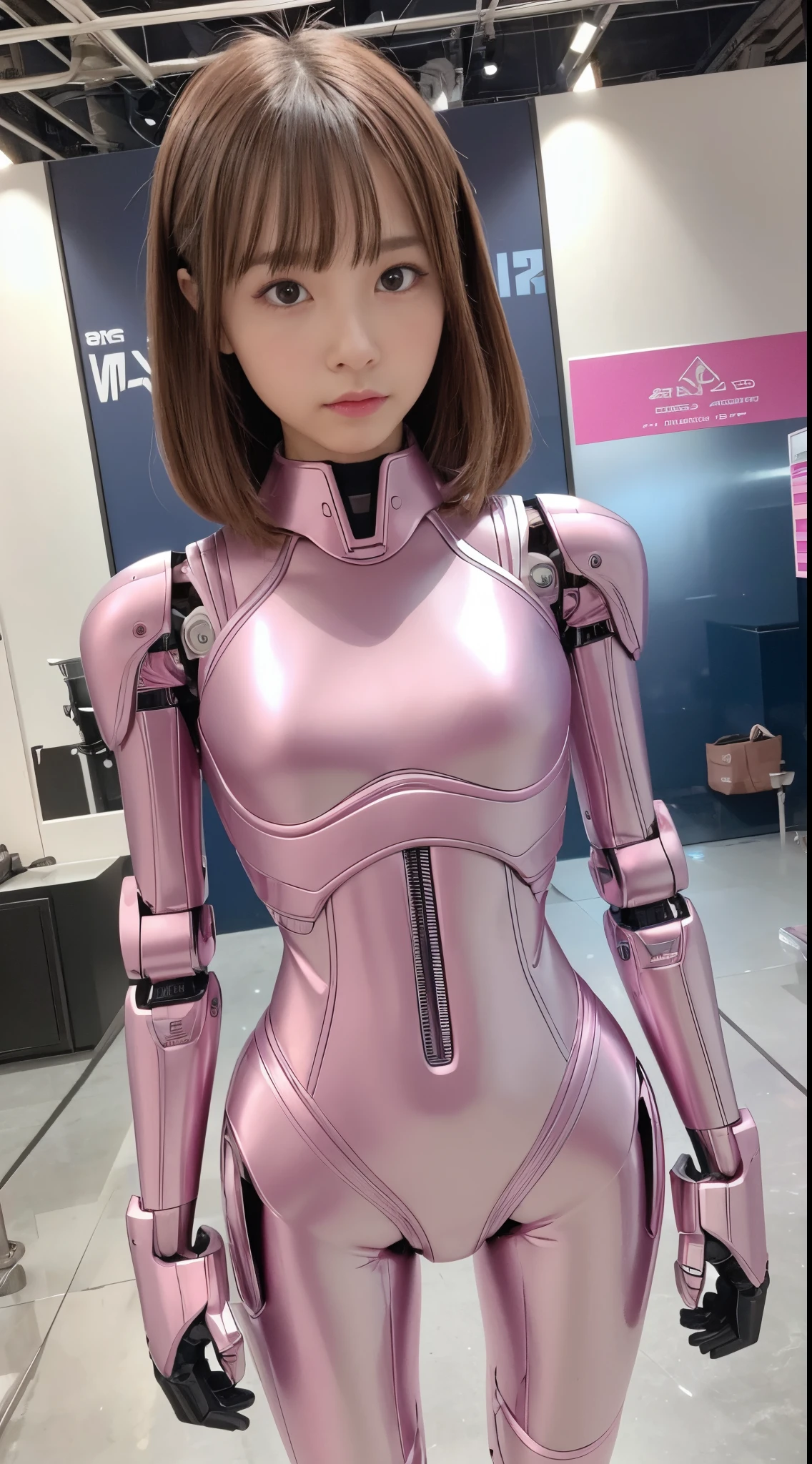 Robot Girl, pink there, Silver, Metallic body, Robot Parts, Metal Parts, Super Detailed Face, Super well-formed face, of the highest quality, a small face, a small head, Brown hair, Slender body, Camera gaze, Internal Mechanical Exposure, Idol, front facing, Well-proportioned body, sale, exhibition, Event Hall, Moe Pose, pink metallic JK suit Machine Armor, Standing with legs open, Model body type, sad, Embarrassing,(Perfect Robot Girl),(Perfect machine body)