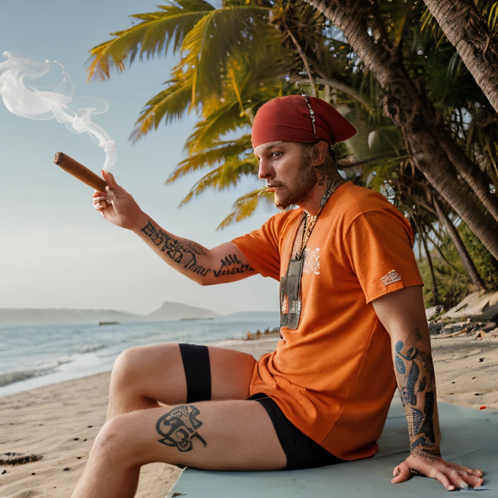 A pirate read the bible, smoking a cigar, orange clothes, cross tattoo on arm, sitting on a beach