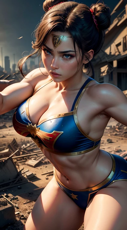 Chun li como Wonder Woman, DC Quadrinhos, (like two buns on the head) Extremamente realista,8K mais detalhado.Motor irreal:1.4,UHD,melhor qualidade:1.4, fotorrealista:1.4, textura da pele:1.4, obra prima:1.8,obra-prima, melhor qualidade,Objeto de objeto], (detailed face features:1.3),(manos Detalhado:1.4),(Apocalyptic Destroyed City Al:1.4) pose sexy