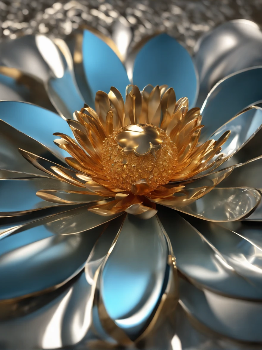 best quality,ultra-detailed,metal flower,3D rendering,masterpiece:1.2,shiny surface,delicate petals,realistic texture,vivid colors,studio lighting,beautifully crafted,high-resolution,bokeh,glowing,botanical art,futuristic design,unique centerpiece,silver and gold accents,contrast between soft and hard,reflections in the petals,attention to detail,fine craftsmanship,dynamic composition,play of light and shadow,stylized,innovative sculpture,artistic interpretation,mix of organic and industrial elements,ethereal beauty,dreamlike atmosphere,exquisite form and structure,sensory experience,harmonious blend of nature and technology,impressive scale,mesmerizing presence,awe-inspiring,modern masterpiece