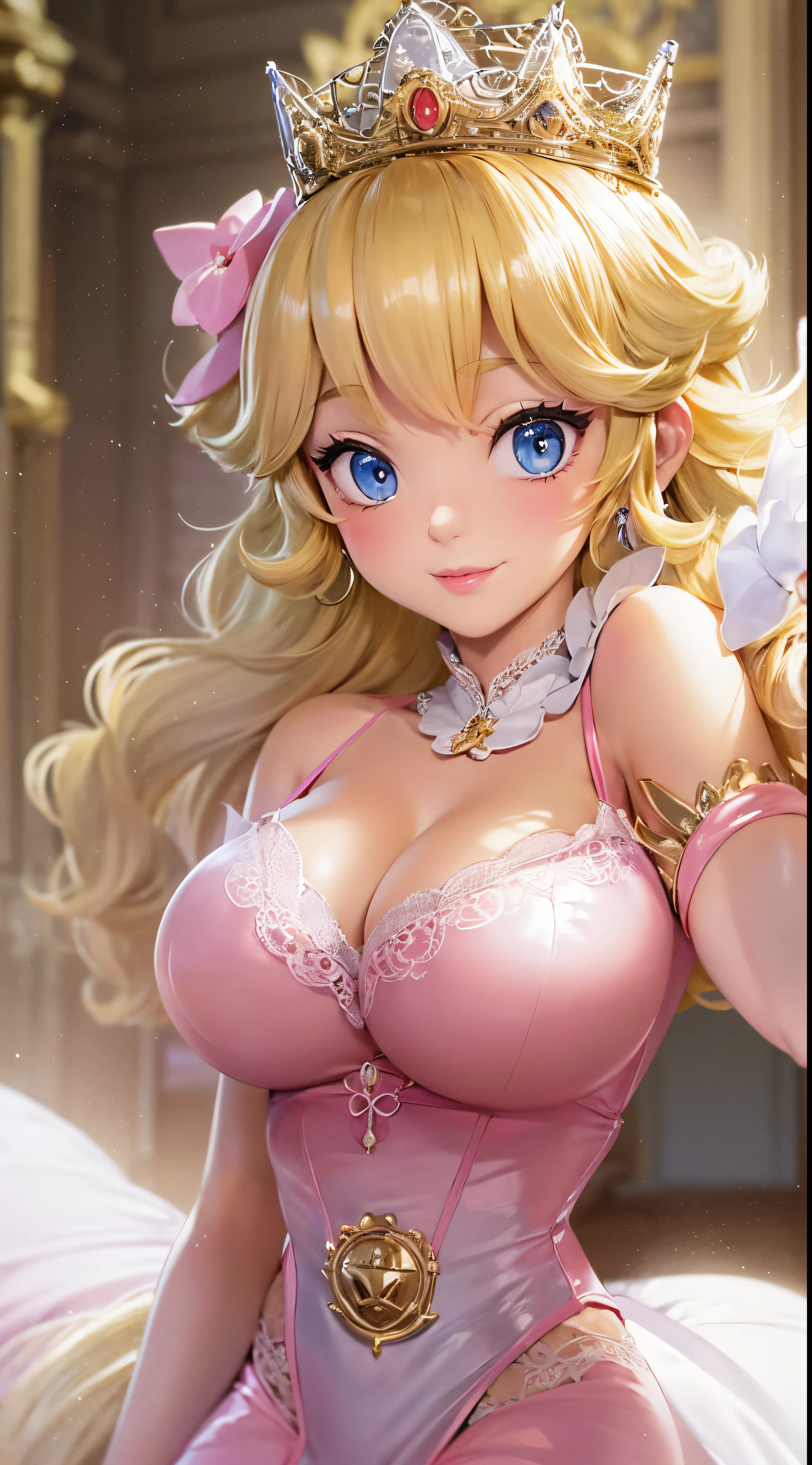 Japanese cutest bad girl,(Inside a castle setting,) A petite Princess Peach wearing a beautiful hot pink dress, she is gentle and compassionate and is shown smiling gently, she wears a golden crown atop her blond hair and white gloves. She is a tall, extremely beautiful young princess with a fair skin complexion, light blue eyes, dark yellow eyebrows, and a small nose. She has six long eyelashes on each eye as well as dark eyeliner. Her lips are round with pink lipstick. With a focus on her alluring chest, she is depicted in a close-up shot from below. She is smiling in a full body shot, ((very big breasts:1.4)), buxom chested, large breasts size, cleavage