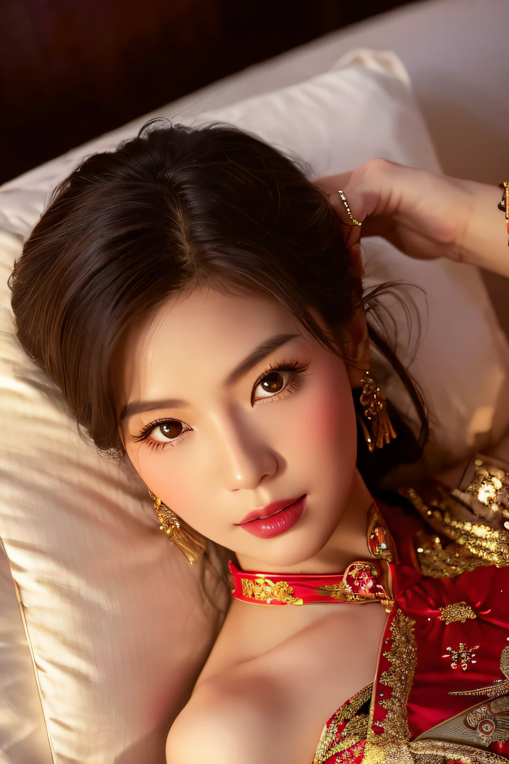 Asian woman in her early 50s lying on the bed wearing a red and gold Chinese dress, goddess of Japan, Very beautiful face,face perfect,(A detailed eye,real looking skin,Detailed skin,lipgloss),ighly detailed, gorgeous chinese model, ig model | ArtGerm, Seductive Girl, ross tran 8 k, Trending on CGSTATION, beautiful alluring female, like artgerm, by Oliver Sin, :: rossdraws, wojtek fus