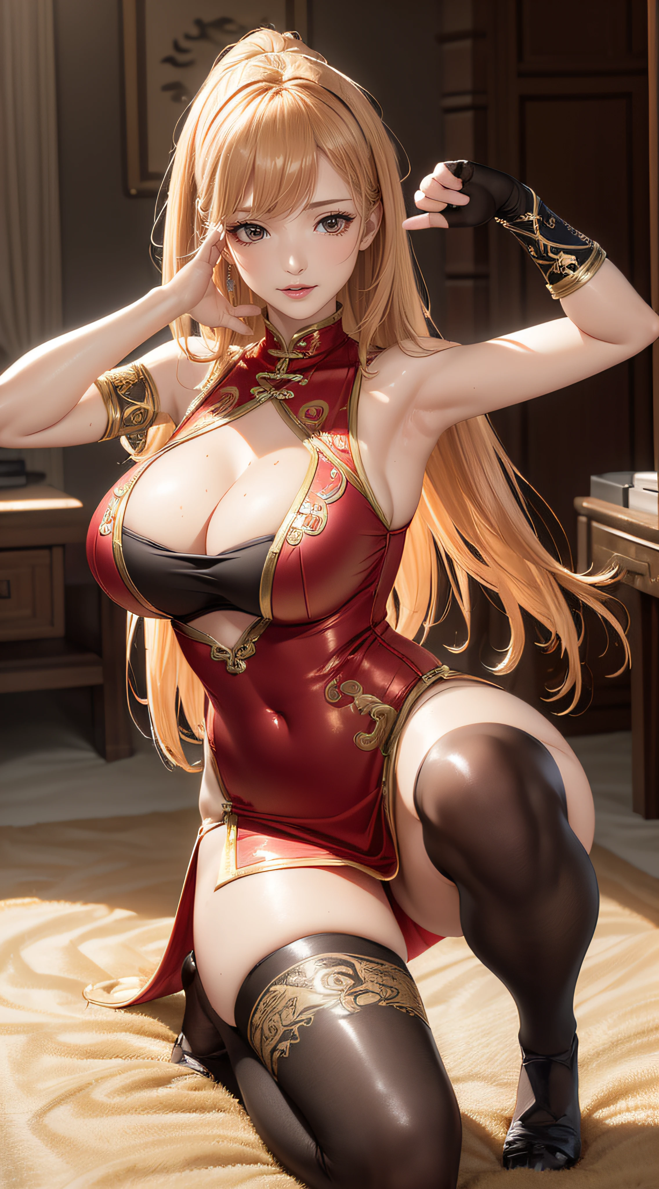 (kung fu pose:1.2),(ultra detailed skin),curvy,petite,beautiful breasts,large breasts,pale skin,pointy breasts,erect nipples,(fantasy art,Highest image quality,Hyperrealist portrait,(8k),ultra-realistic,best quality, high quality, high definition, high quality texture,high detail,beautiful detailed,fine detailed,extremely detailed cg,detailed texture,a realistic representation of the face,masterpiece,Sense of presence,Dynamic,bold),(thin hair),(soft hair),(straight hair:1.5),Swept long bangs,extra light coppery amber hair,hair over one eye,See-through dress with asymmetrical embroidery,tight mini skirt,stockings,Engineer boot