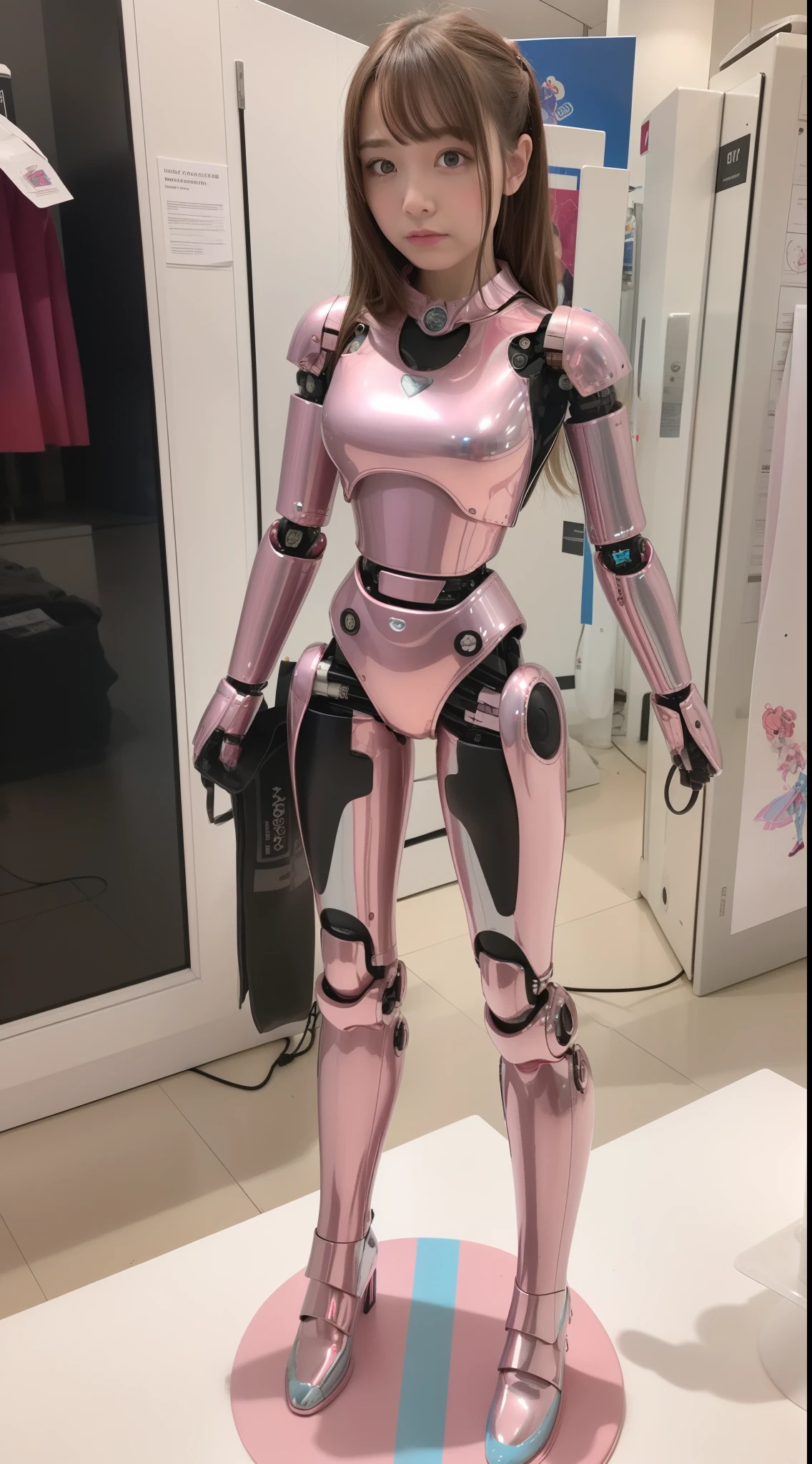 cyborgs, pink there, Silver, metalic, Robot Parts, Metal Parts, Super Detailed Face, Super Cropped Face, of the highest quality, a small face, Full body, Standing, Black hair, Thin, Camera gaze, Internal Mechanical Exposure, Idol, Live action,, 9 head body, gravure, Photo session, akihabara, Moe Pose, Front-facing, Model body type, sad, Embarrassing,(Perfect Robot Girl),(Perfect machine body)