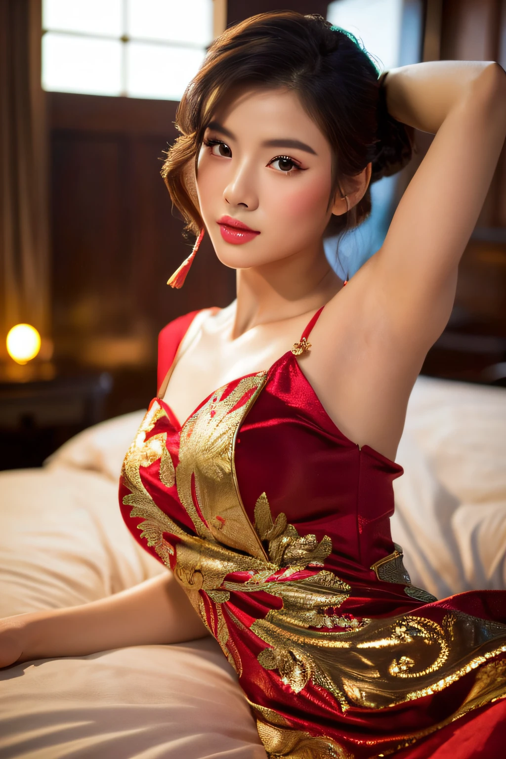 Asian woman in her early 50s lying on the bed wearing a red and gold Chinese dress, goddess of Japan, Very beautiful face,face perfect,(A detailed eye,real looking skin,Detailed skin,lipgloss),ighly detailed, gorgeous chinese model, ig model | ArtGerm, Seductive Girl, ross tran 8 k, Trending on CGSTATION, beautiful alluring female, like artgerm, by Oliver Sin, :: rossdraws, wojtek fus