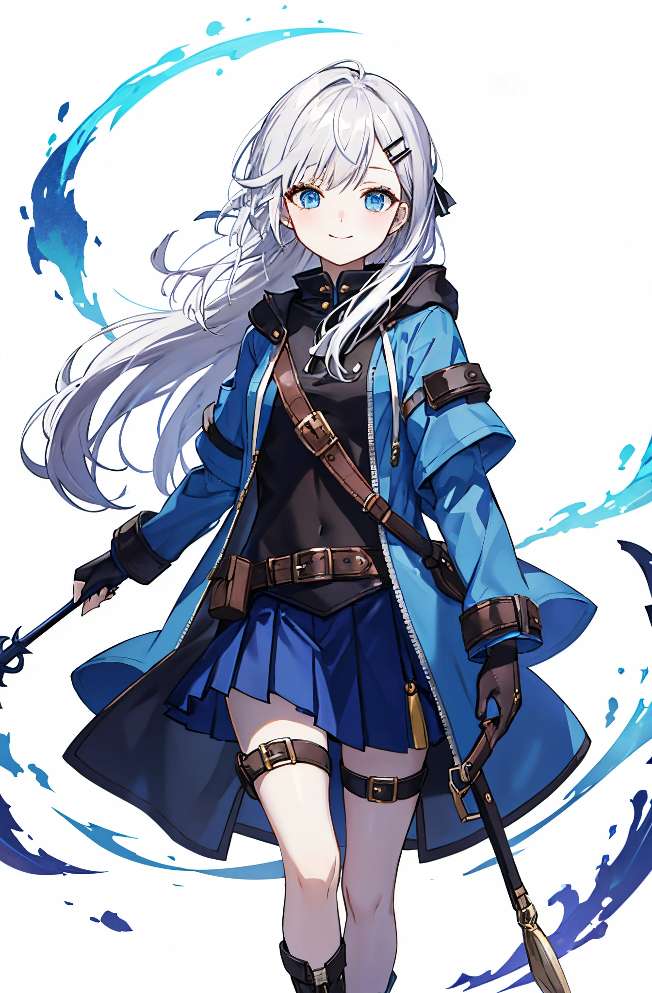 ,Hair intake,A slight smil、cool battle,Windcoat,Skirt, mitts, Leg belts, Arm Belt, hair pin, ,mitts ,(whaite hair),Blue eyes,social terrorism,Transparent color、depth of fields、detaileds、an animated character、Great design