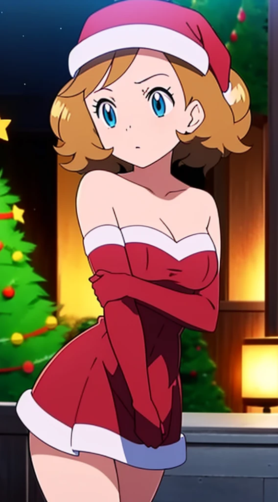 masterpiece, best quality, 1 solo girl, dark blonde hair, blue eyes, short hair, wavy hair, Christmas ornaments, medium breasts, mature body and face, red santa dress, christmas, christmas light, christmas tree, red gloves, red santa skirt, holding gift, red bra, red panty, leg up, cowboy shots, sexy pose, dakimakura, detailed body, face, and eyes, sharp focus, vibrant, creative, dynamic, high definition, high resolution, 8k, (Upscale: R-ESRGAN 4x+ Anime6B), (Image enchance:4x), voluptuous body