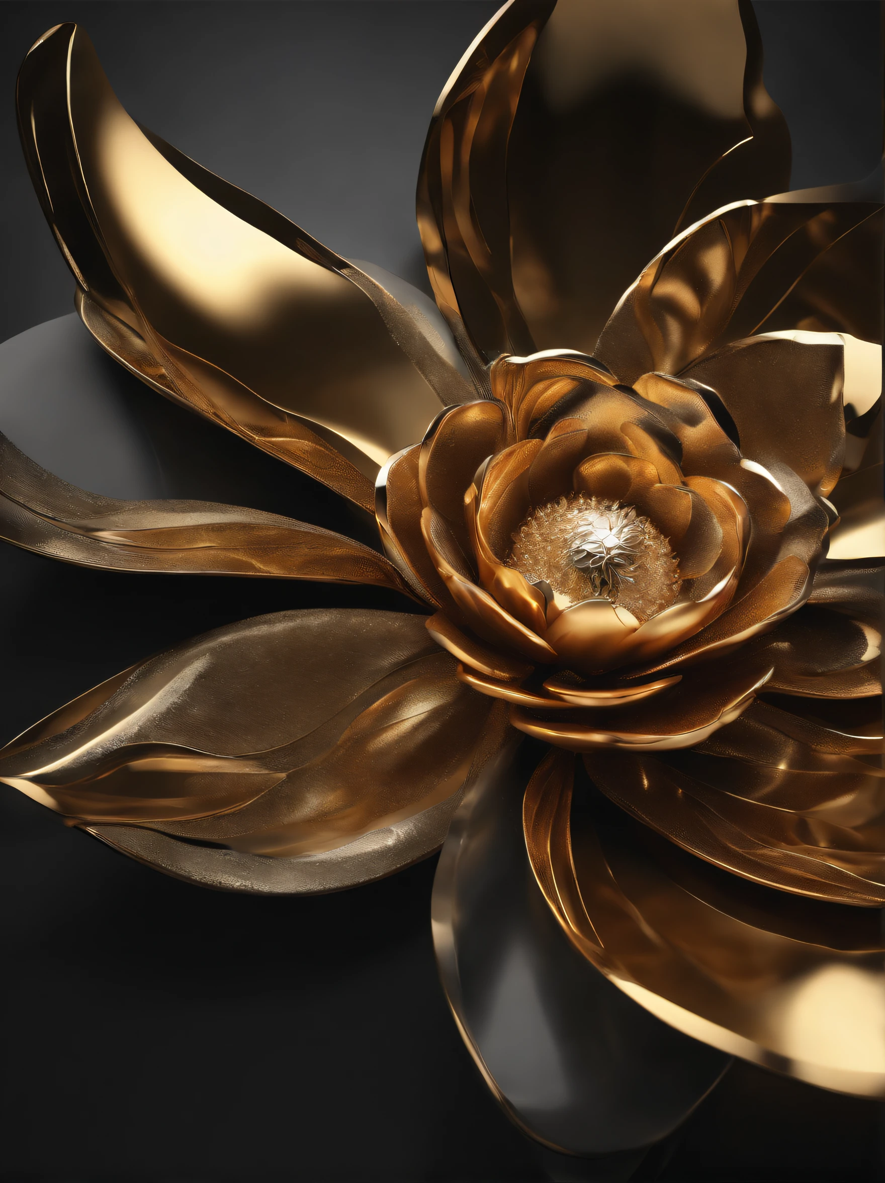 (a delicate metal flower,intertwined vines and petals:1.1,enigmatic floral patterns,finely engraved petals resembling circuit patterns, intricate design,"photography,macro lens (100mm)",f/2.8)