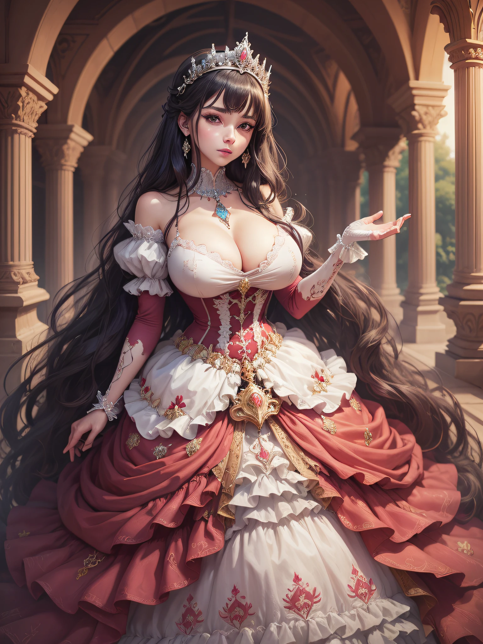 ultra-detailed, extremely detailed,((anime artstyle)),Masterpiece,(Best Quality),(Super Detail),(Very Delicate and Beautiful),((Solo)),((full body portrait)),full body,full body portrait,(detailed face and eyes),detailed eyes, perfect eyes, rendered eyes,jewel-like beautiful eyes,((1 princess in beautiful embroidery and jeweled gorgeous ballgown with frilled voluminous full length hoop skirt)),((Crinoline)),beautiful embroidery and jeweled gorgeous ballgown with frilled voluminous full length hoop skirt,(large amount of straight hair,extremely voluminous Very Long straight Hair,Absolutely Long Straight Hair),(((very gigantic boobs))),cleavage,(beautiful fantasy castle,outdoors,outside the castle),long_gloves,extremely gorgeousfull jeweled hair ornament,(bling-bling extremely gorgeousfull jeweled tiara),(luxurious jewelry),full body portrait,beautiful embroidery and jeweled gorgeous ballgown with frilled voluminous full length hoop skirt