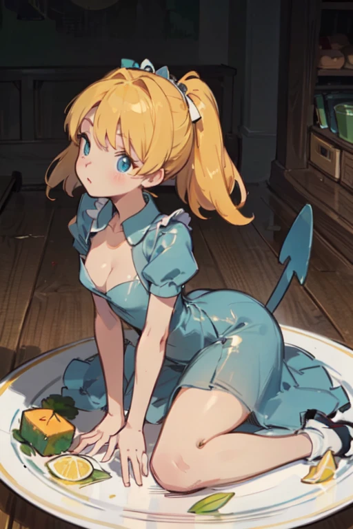 Castella on a plate、It looks delicious、dish、castella、top-quality, Poses, Correct anatomy, Beautiful body curves, Sketch beech, Daily Draw, vestments,Vintage、Wearing a dress、yellow castella、she's on top of the castella、kawaii