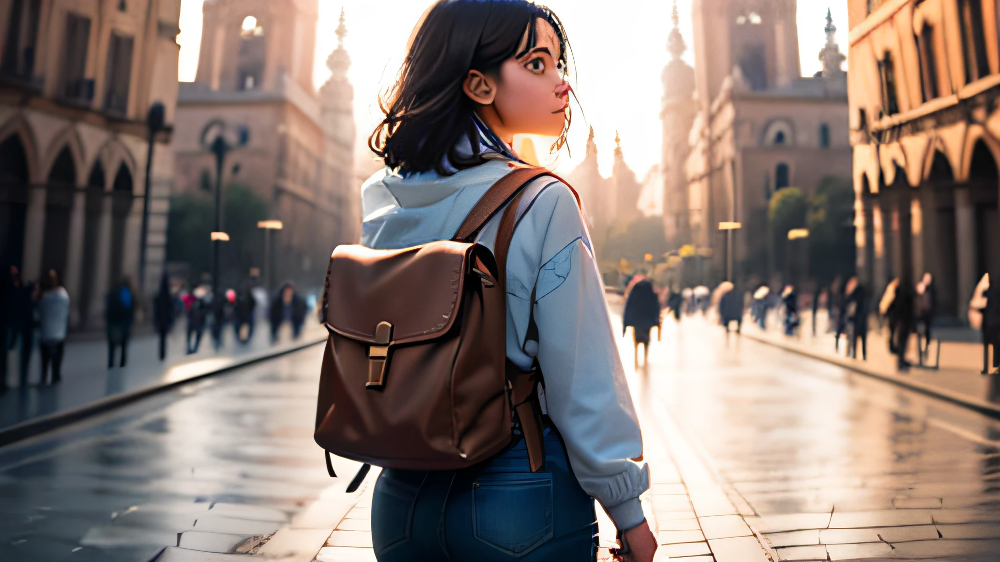 A woman, a 20-year-old European backpacker with short, dark hair, is portrayed in a wide medium wide shot. The camera captures her from behind, with her head turned towards the camera. Standing in front of Lasa Grada Familia in Barcelona, Spain. Being a backpacker, the woman is dressed in casual and practical clothing suitable for her adventurous journey.