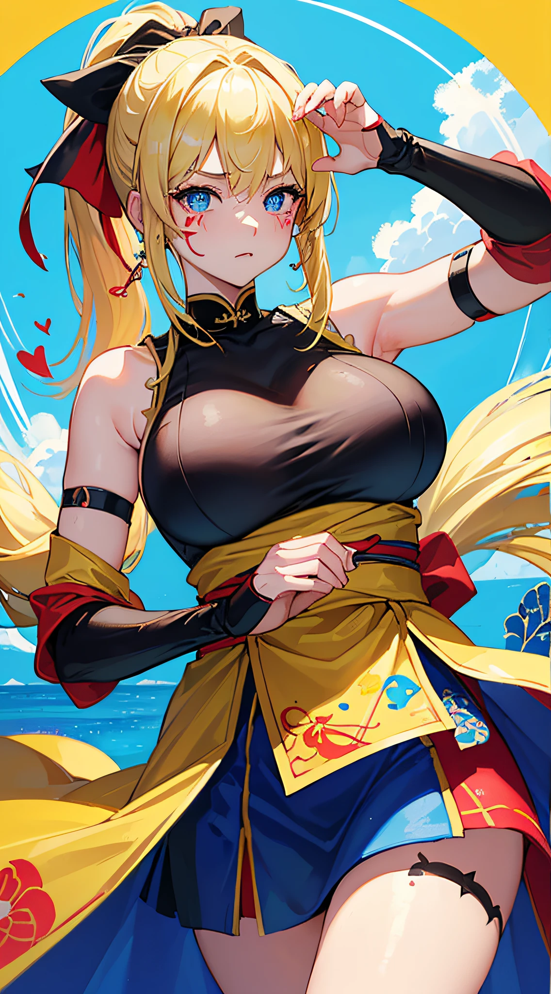 top-quality、Top image quality、masterpiece、girl with((18year old、Best Bust、big bast,Beautiful blue eyes、Breasts wide open, Blonde ponytail、A slender,Large valleys、Black jersey、Sleeveless、Hachimaki、Red, black and blue face paint、sexypose、Seduction poses)),hiquality、Beautiful Art、Background with((omatsuri、Yellow paint、red paint、Blue paint、heart doodle)))、,masutepiece、visualart、depth of fields、