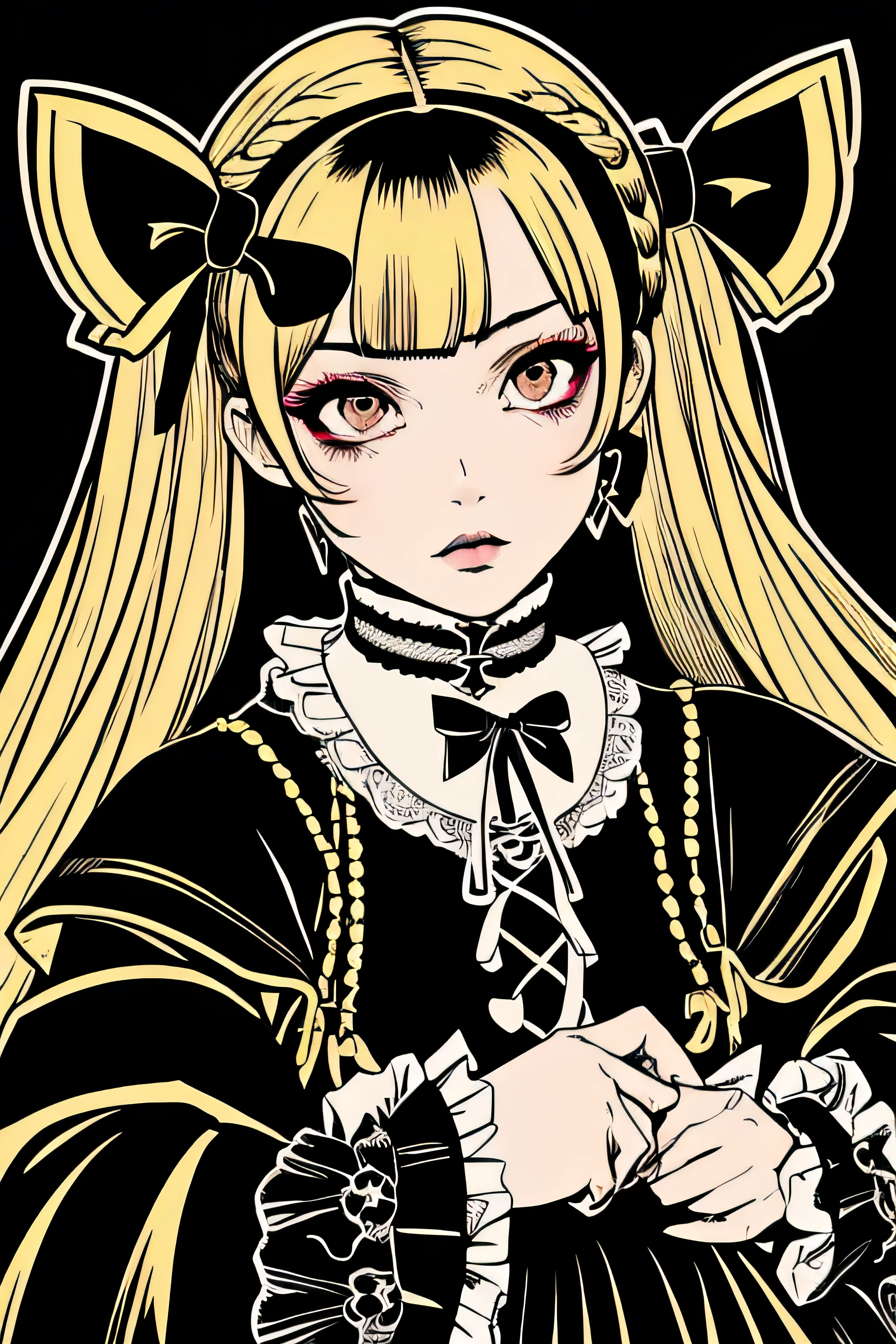 Beautiful Hardcore Illustration homepage illustration style, dark, high resolution, hard touch illustration, strong outline, two girls, gothic & lolita style, gothic & lolita fashion, 8k, American comic style, colorful background, Hiroyuki Nagasaka, aggressive, beautiful face, cool beauty, dress, beauty style, yellow color, battle, Hard illustration, blond hear,